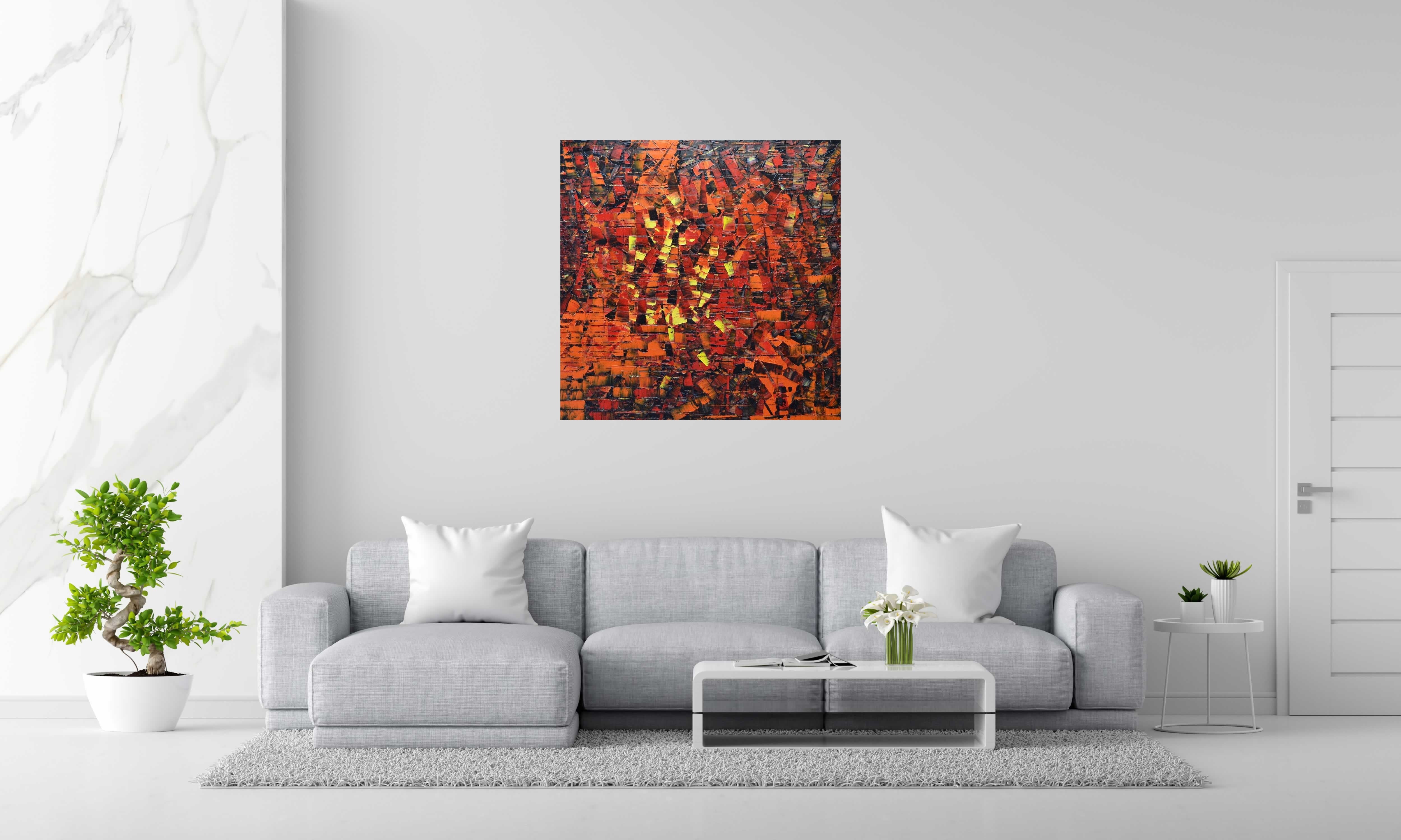 Toile Peinture abstraite 03-2025-22 de ALAIN BECANNE dans un intérieur – 100 × 100 cm
