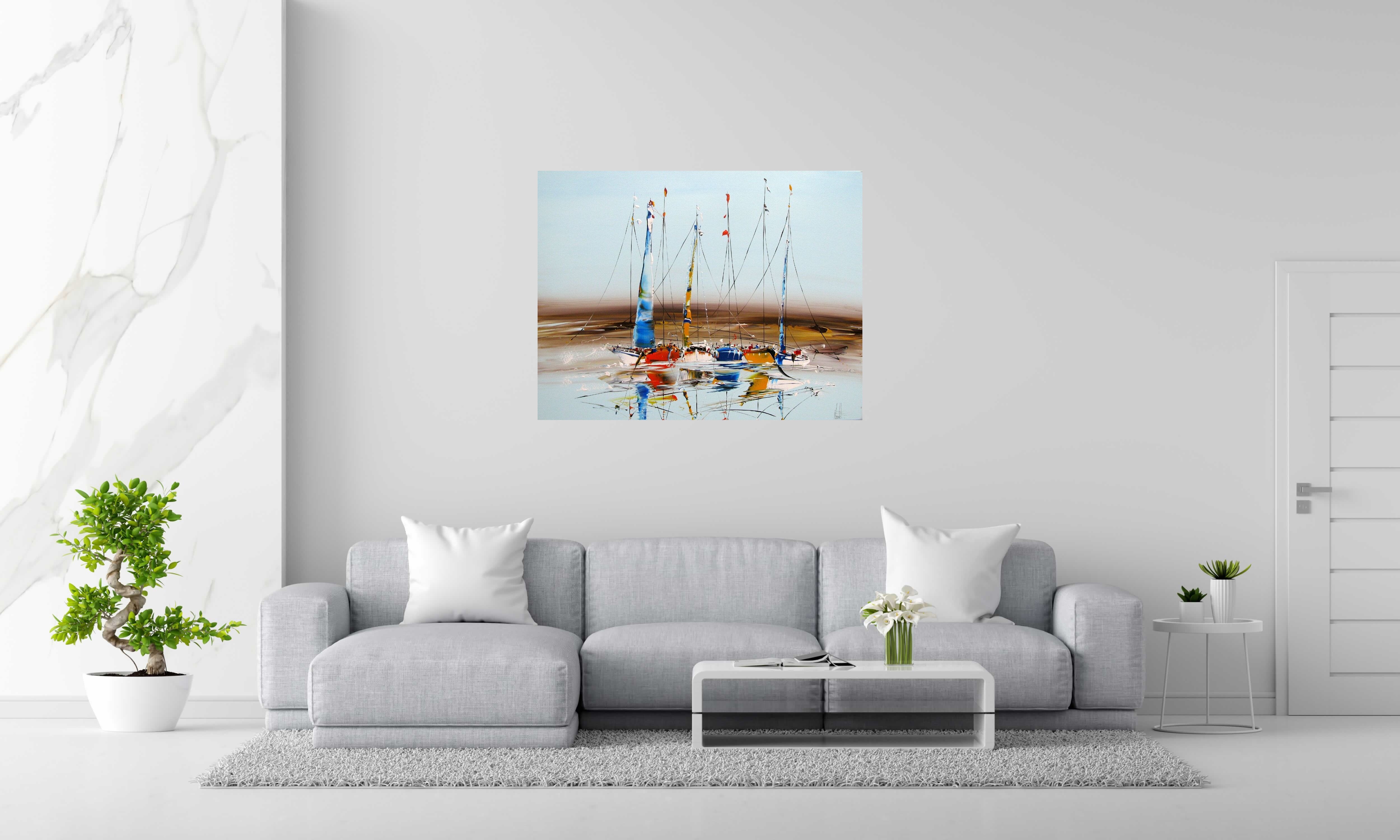 Toile MARINE ABSTRAITE 116 de F. BOUTET dans un intérieur – 116 × 89 cm