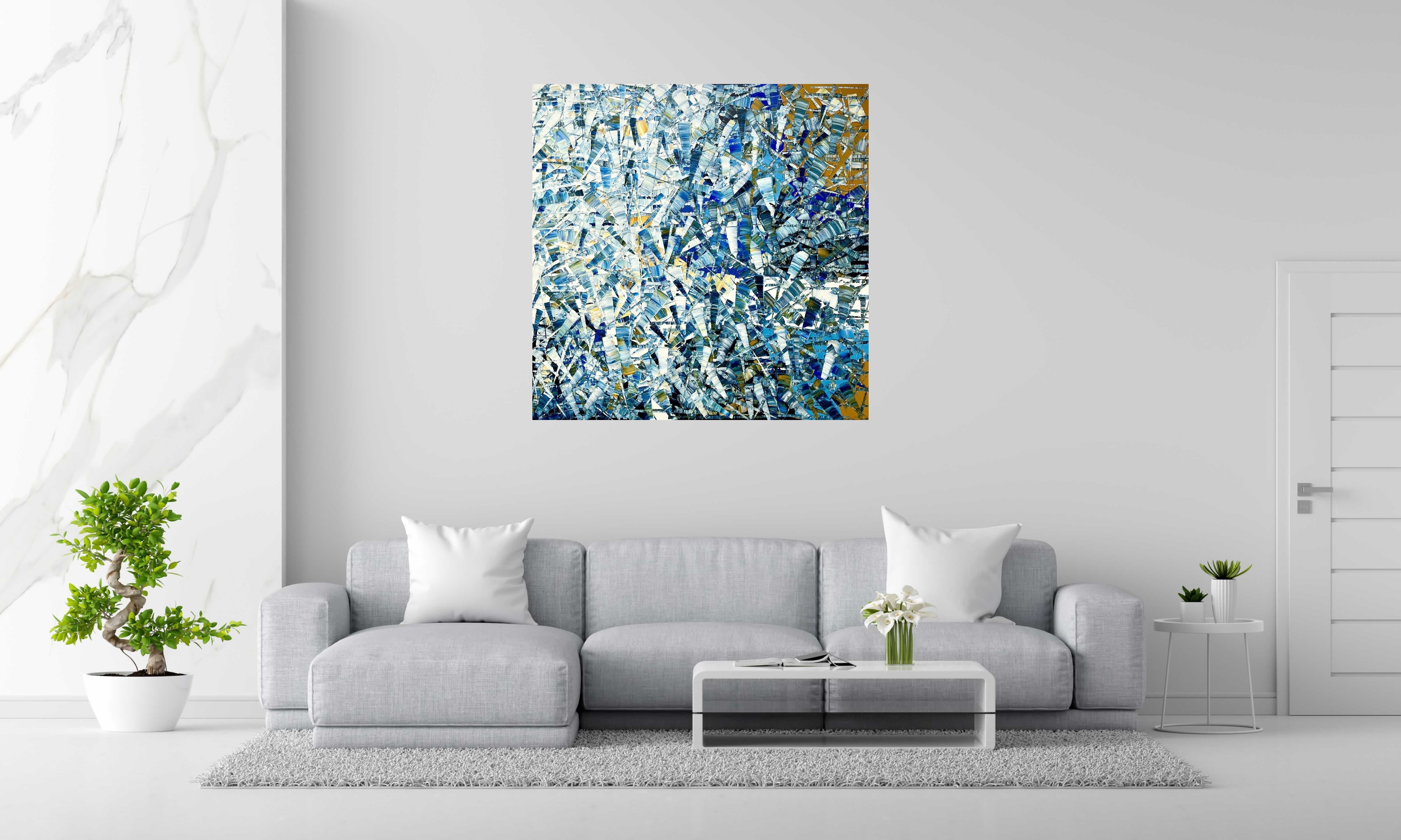 Toile Peinture abstraite 04-2025-32 de ALAIN BECANNE dans un intérieur – 120 × 120 cm