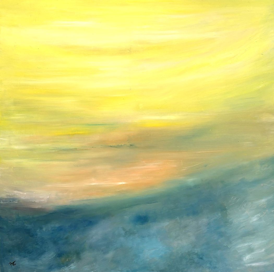 Toile abstraite grande taille bleu et jaune Composition Jaune Bleu – PASCALE JACQUEMOND – 120 × 120 cm