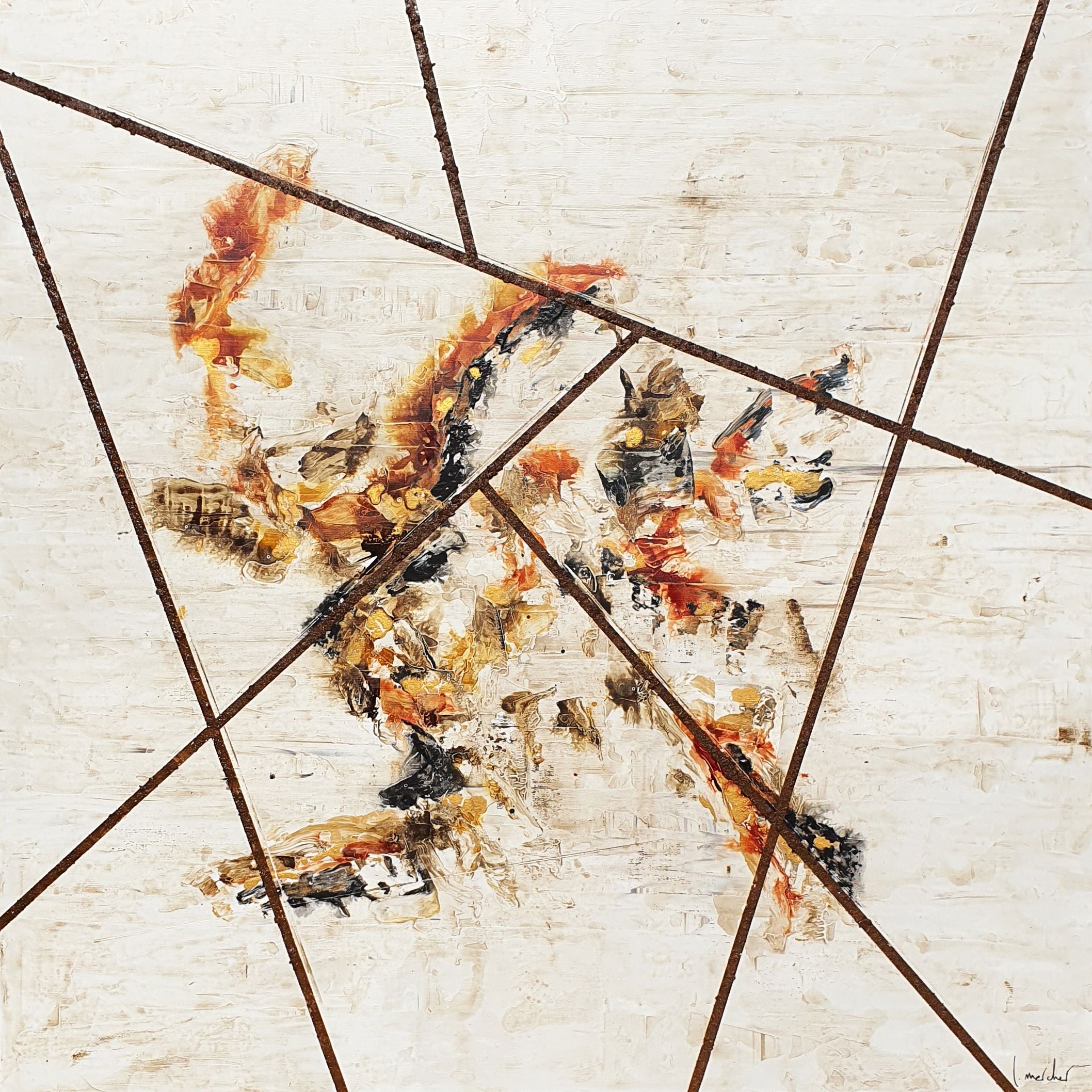 Toile abstraite grande taille Rust cage – LUDOVIC MERCHER – 100 × 100 cm