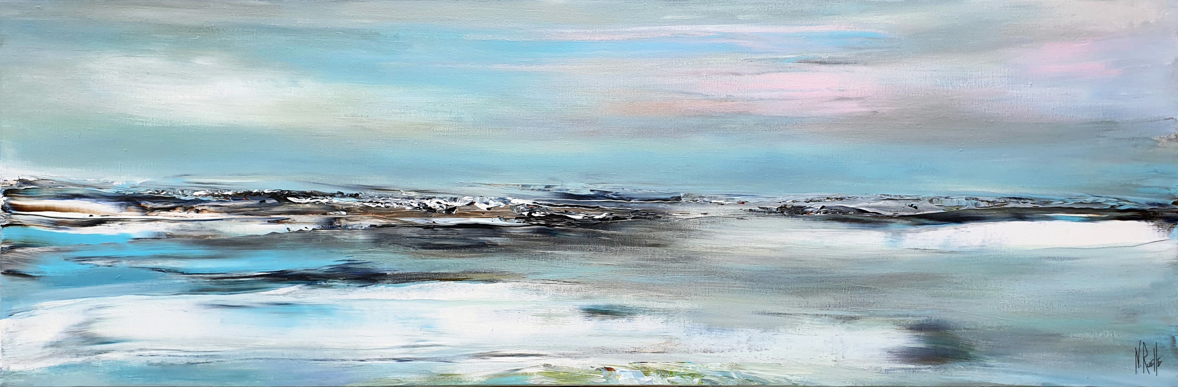 Toile abstraite grande taille AUX CLARTES DU MATIN – RUELLE NICOLAS – 150 × 50 cm