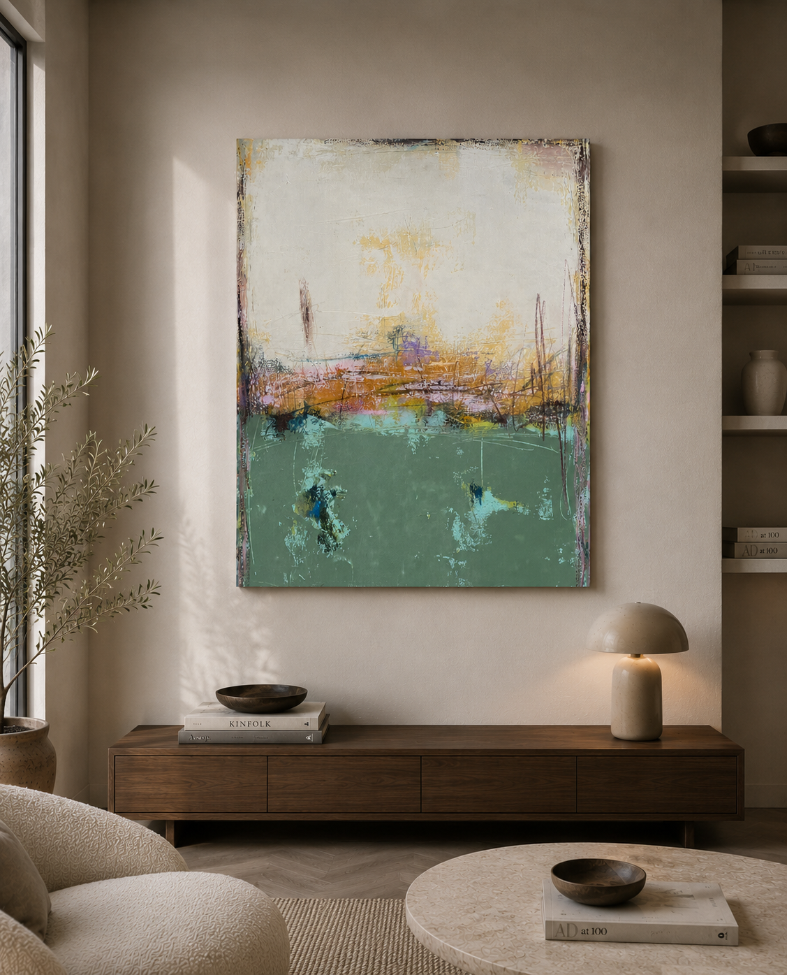 Toile Nuances Ardoise et rose de TANIA CARRARA dans un intérieur – 81 × 100 cm