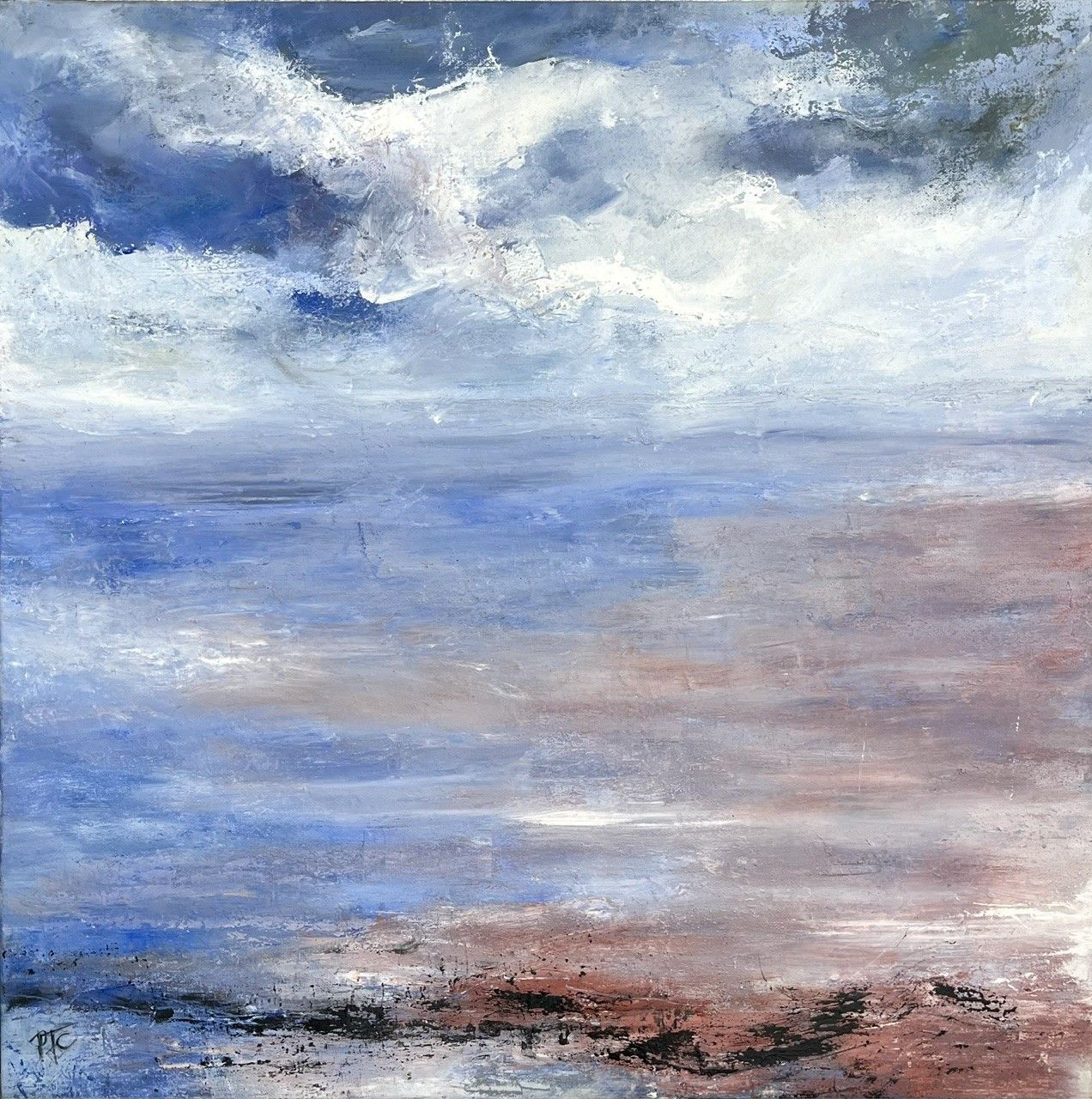 Toile abstraite moyen format blanc et bleu Encore la mer – PASCALE JACQUEMOND – 50 × 50 cm