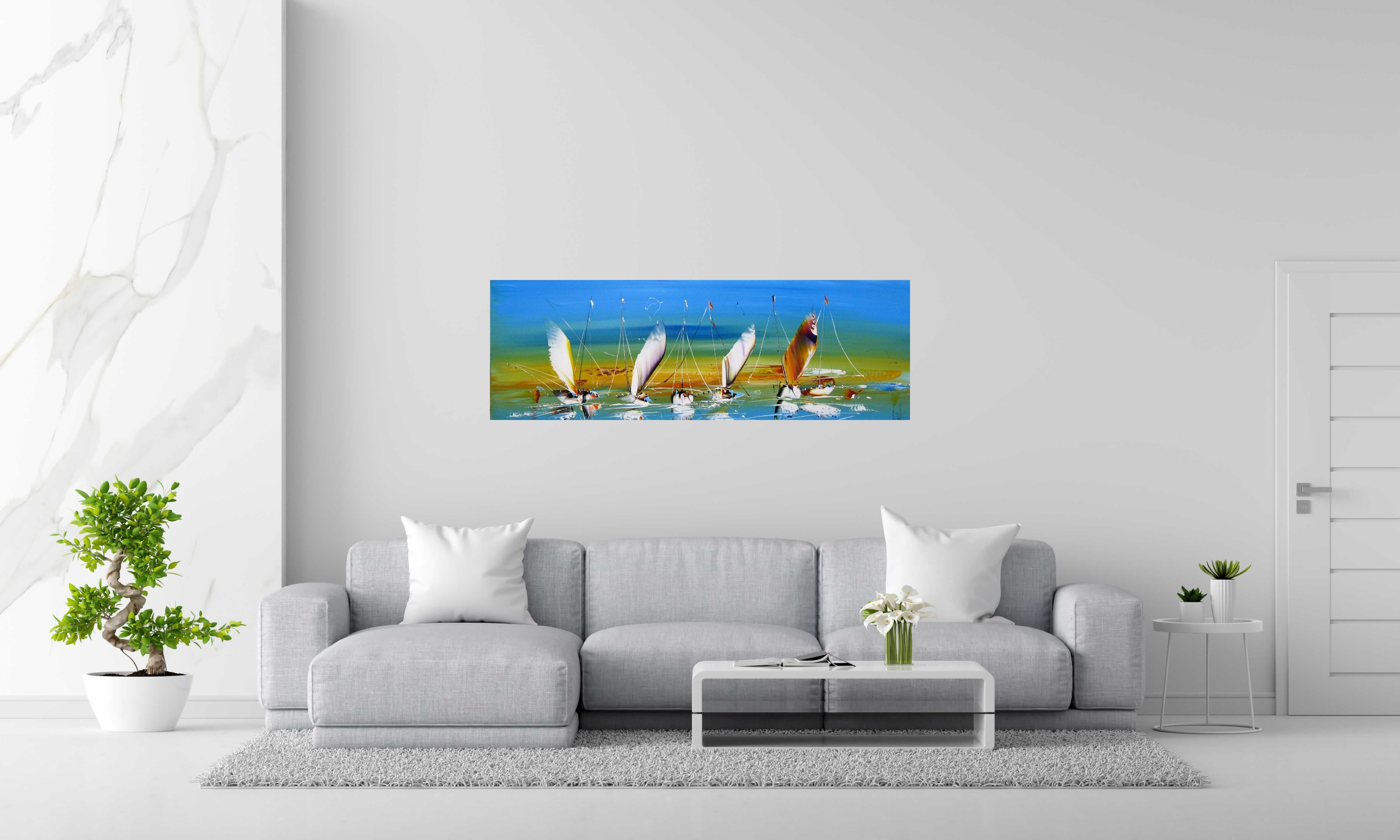 Toile MARINE ABSTRAITE 2024-38 de F. BOUTET dans un intérieur – 150 × 50 cm