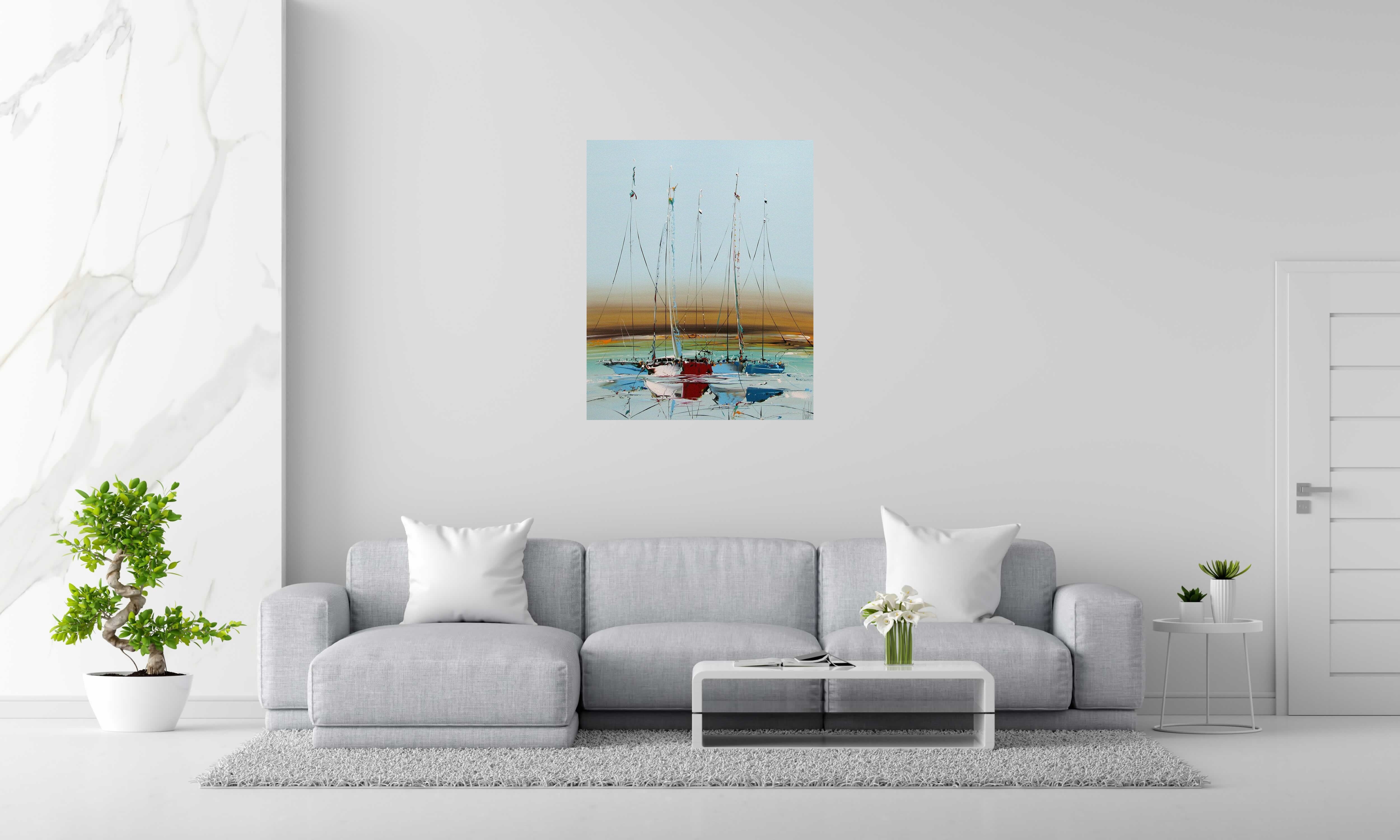 Toile Marine abstraite 2025-03 de F. BOUTET dans un intérieur – 81 × 100 cm