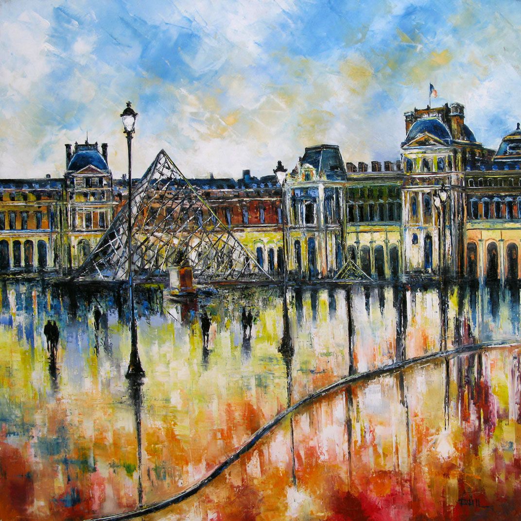 Toile figurative format xxl jaune Le Louvre, Paris – PHIL – 100 × 100 cm