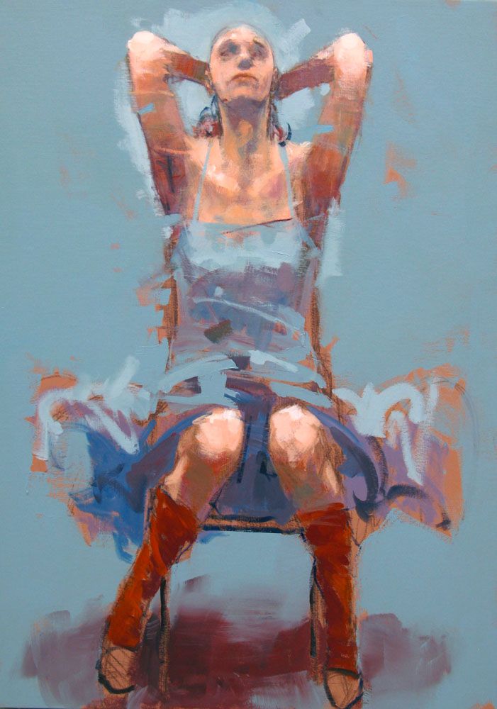 Toile figurative grand format beige et bleu Them – OLIVIER MASSEBEUF – 81 × 116 cm