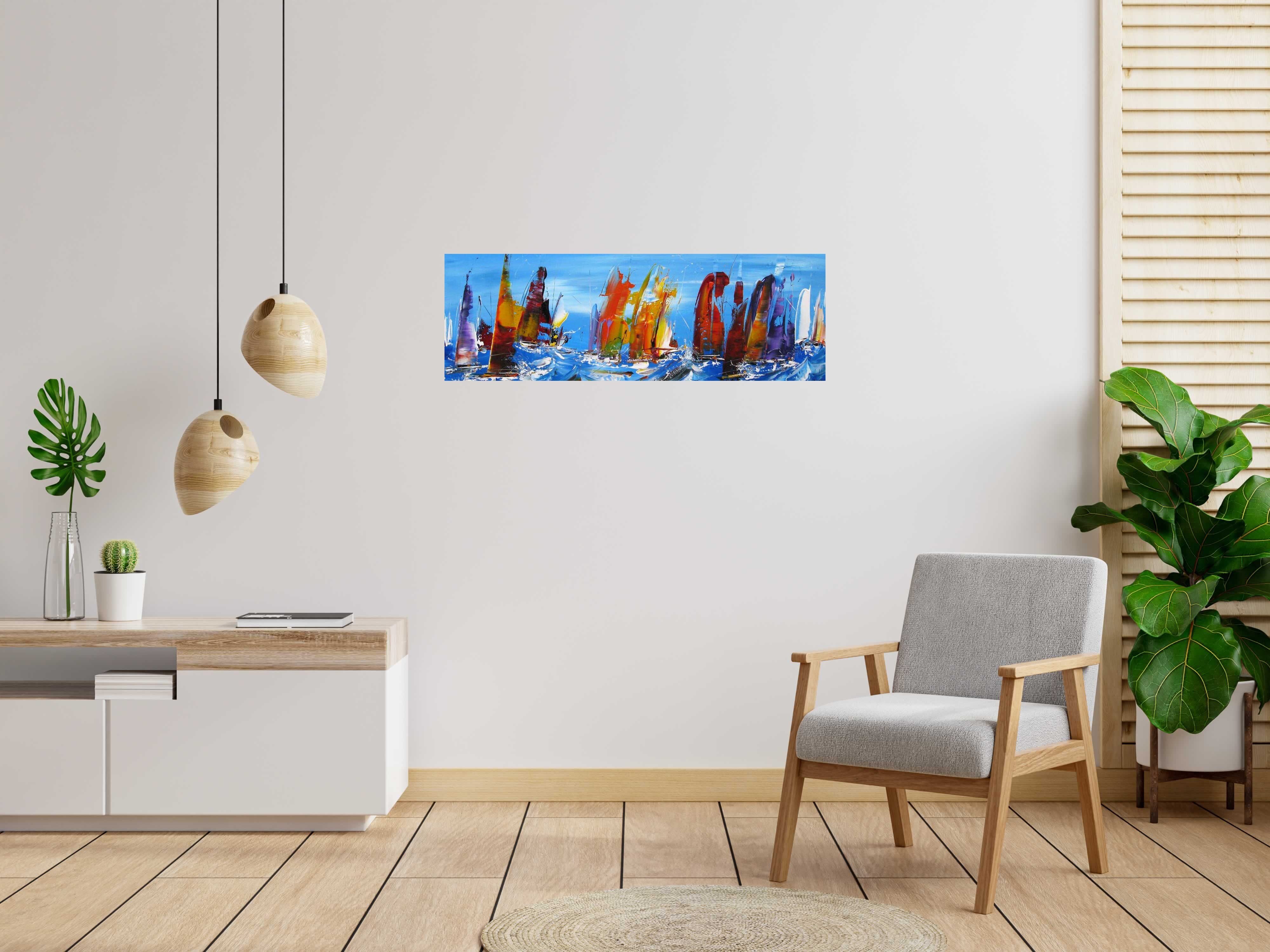Toile Marine abstraite 2023-40 de F. BOUTET dans un intérieur – 120 × 40 cm