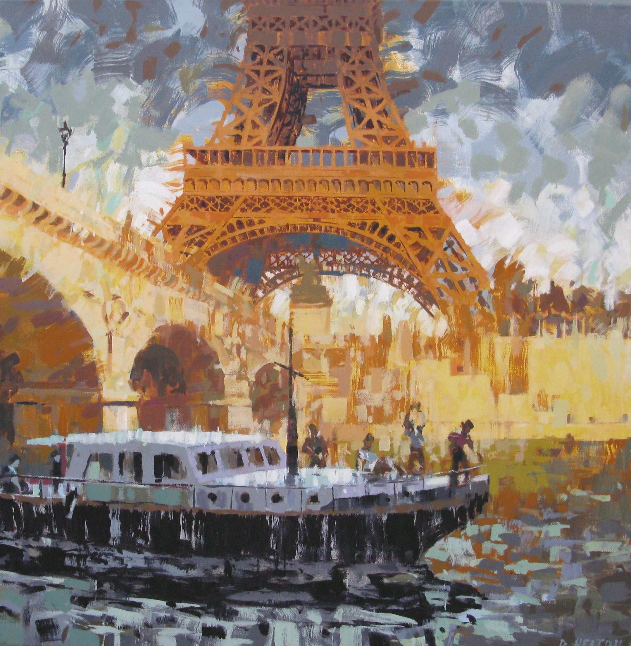 Toile figurative grand format Eiffel-Seine – HEATON RUDYARD – 80 × 80 cm