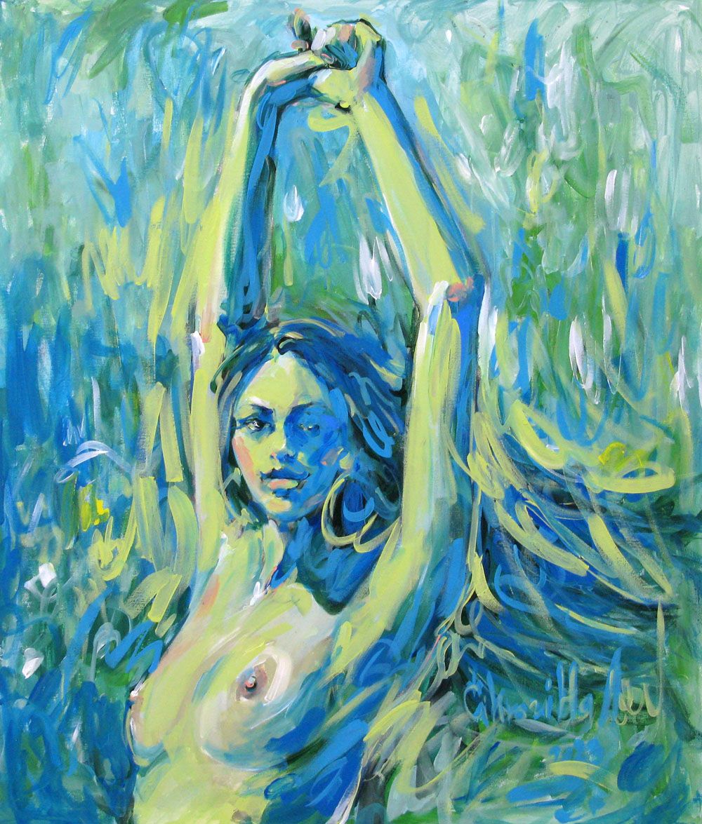 Toile figurative grande taille bleu et vert Victoria – OLENA SINIUHINA – 81 × 100 cm