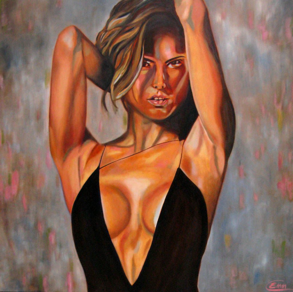 Toile figurative grande taille brun Ivana – EMILIE CREPIN – 100 × 100 cm