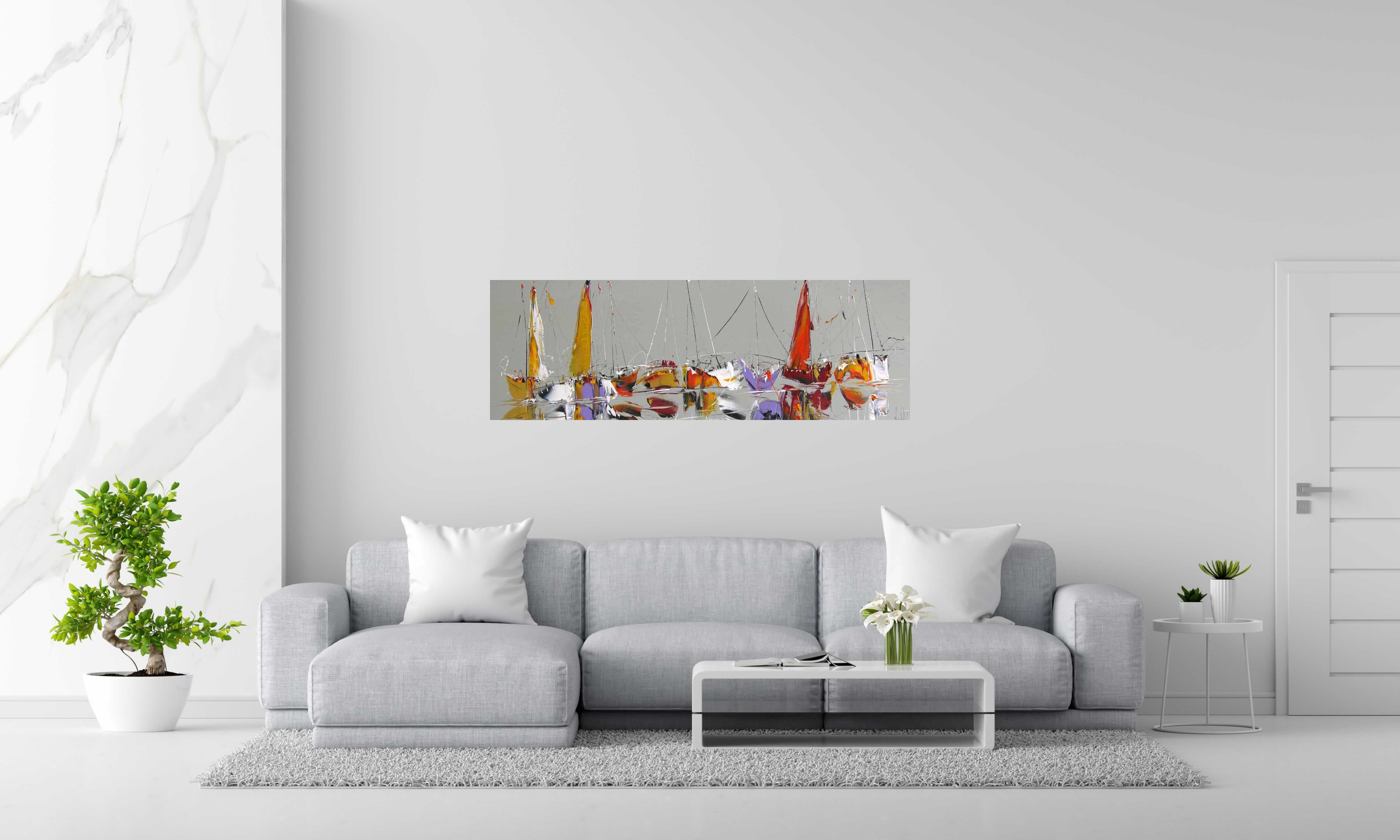 Toile MARINE ABSTRAITE 2023-37 de F. BOUTET dans un intérieur – 50 × 150 cm