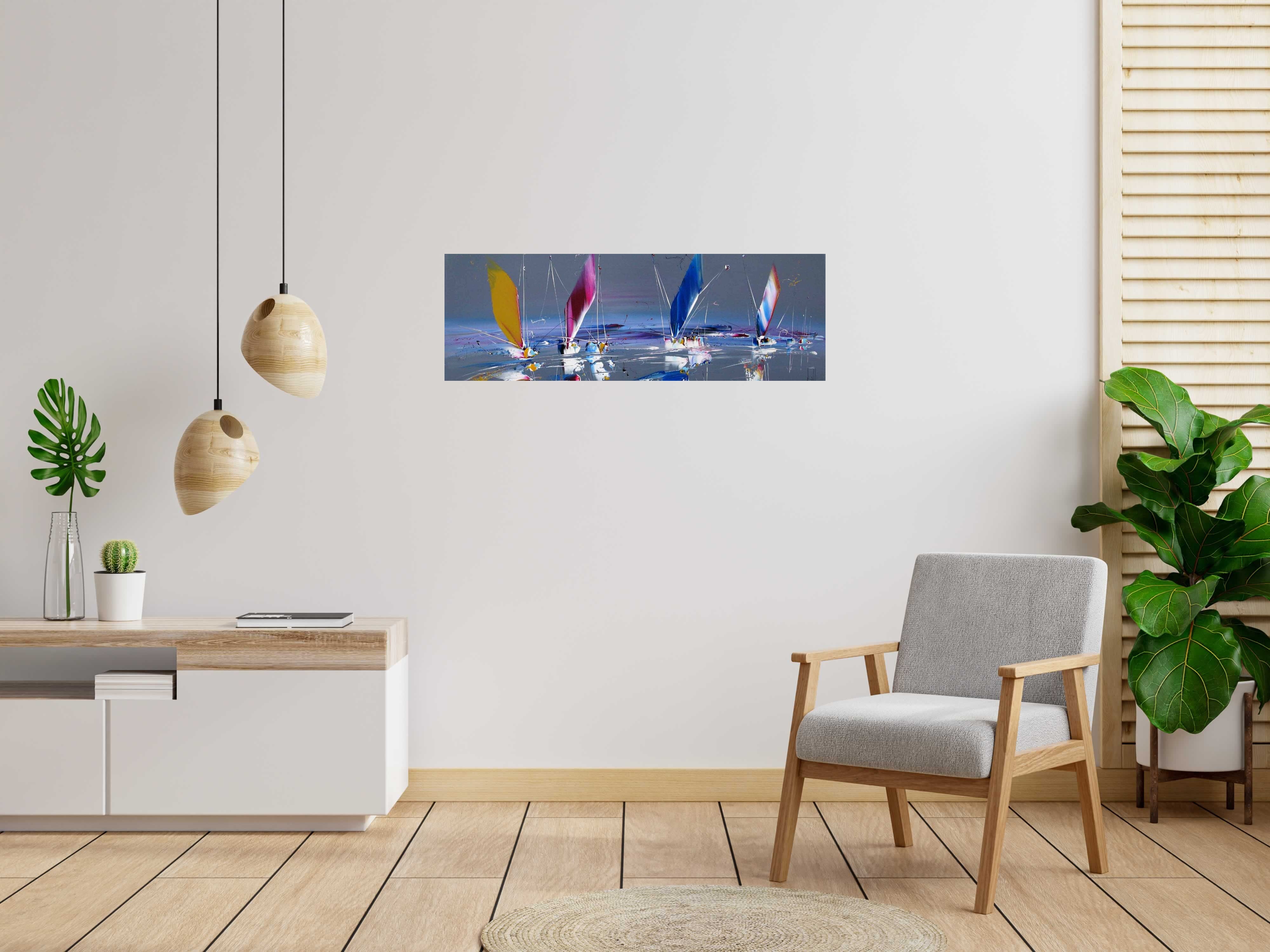 Toile Marine abstraite 2023-41 de F. BOUTET dans un intérieur – 120 × 40 cm