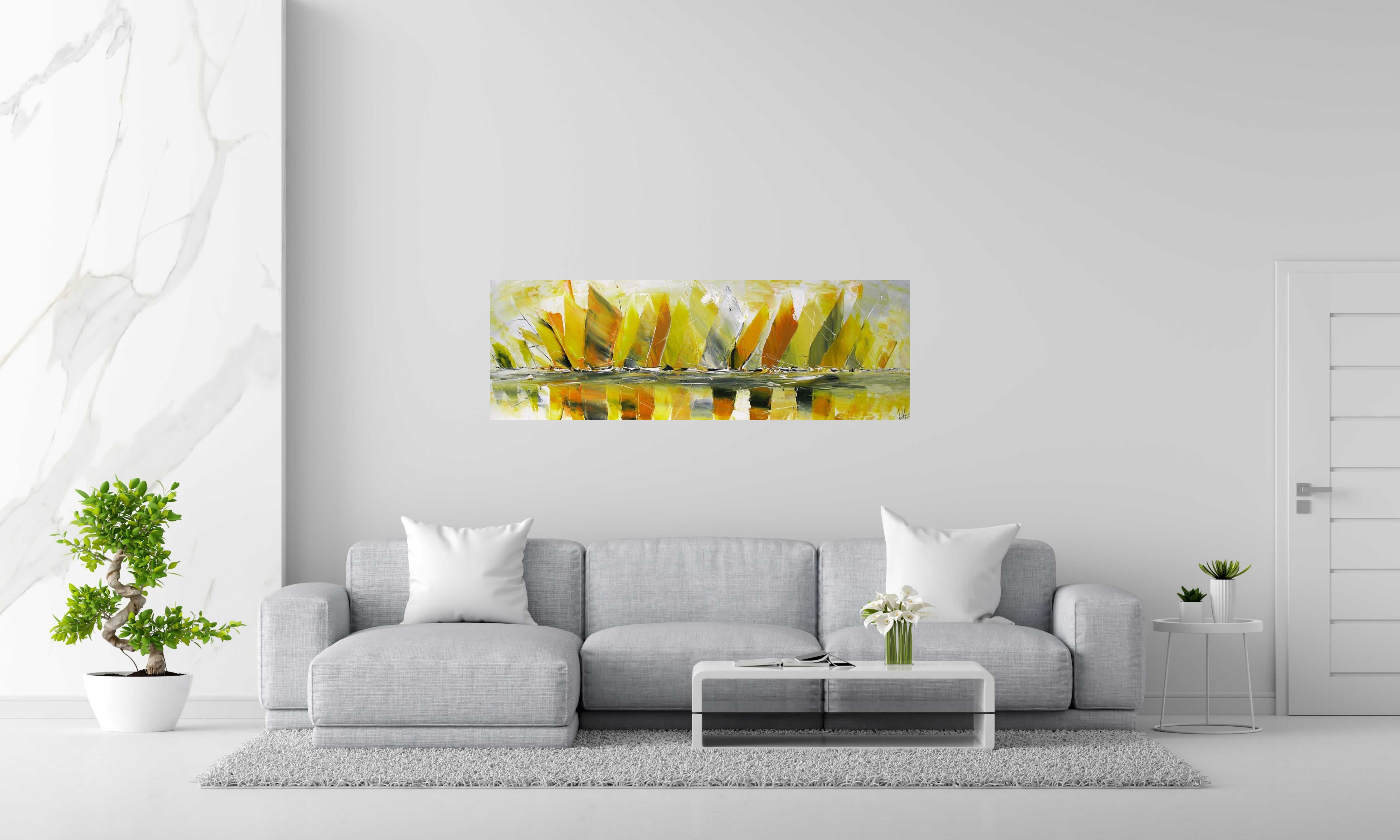 Toile MARINE ABSTRAITE 2025-106 de F. BOUTET dans un intérieur – 150 × 50 cm