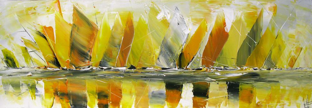 Toile figurative grande taille jaune et noir MARINE ABSTRAITE 2025-106 – F. BOUTET – 150 × 50 cm
