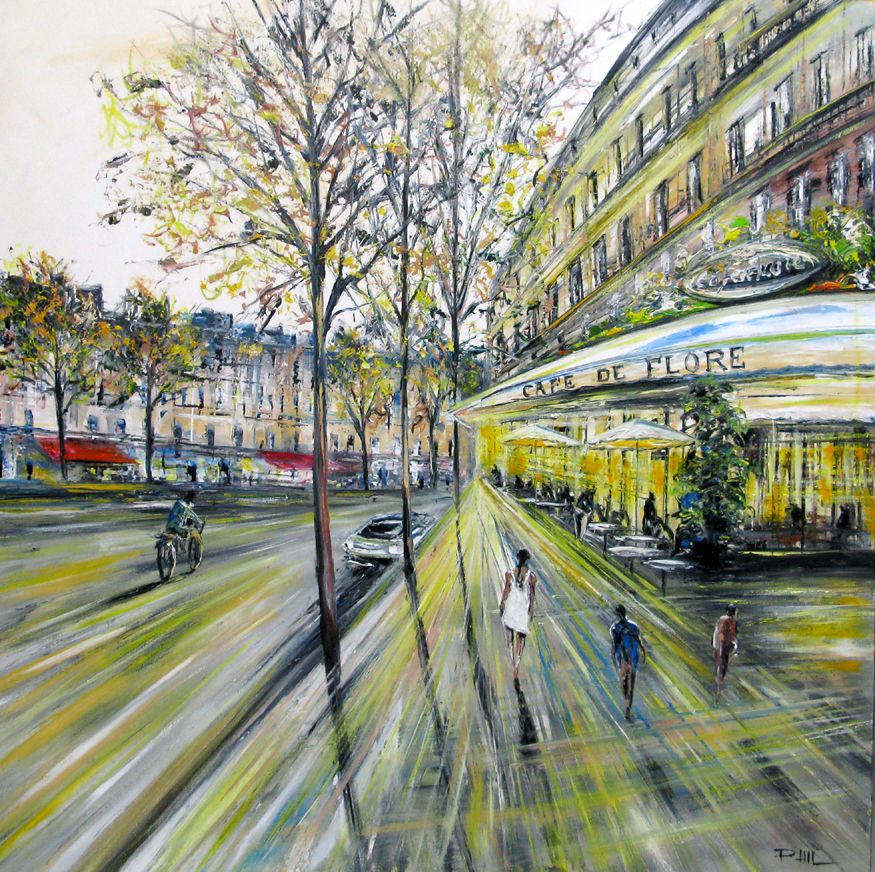 Toile figurative grande taille mauve Le cafe de flore – PHIL – 80 × 80 cm
