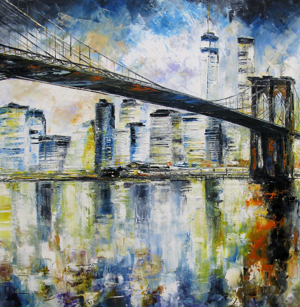 Toile figurative grande taille Brooklyn bridge – PHIL – 90 × 90 cm