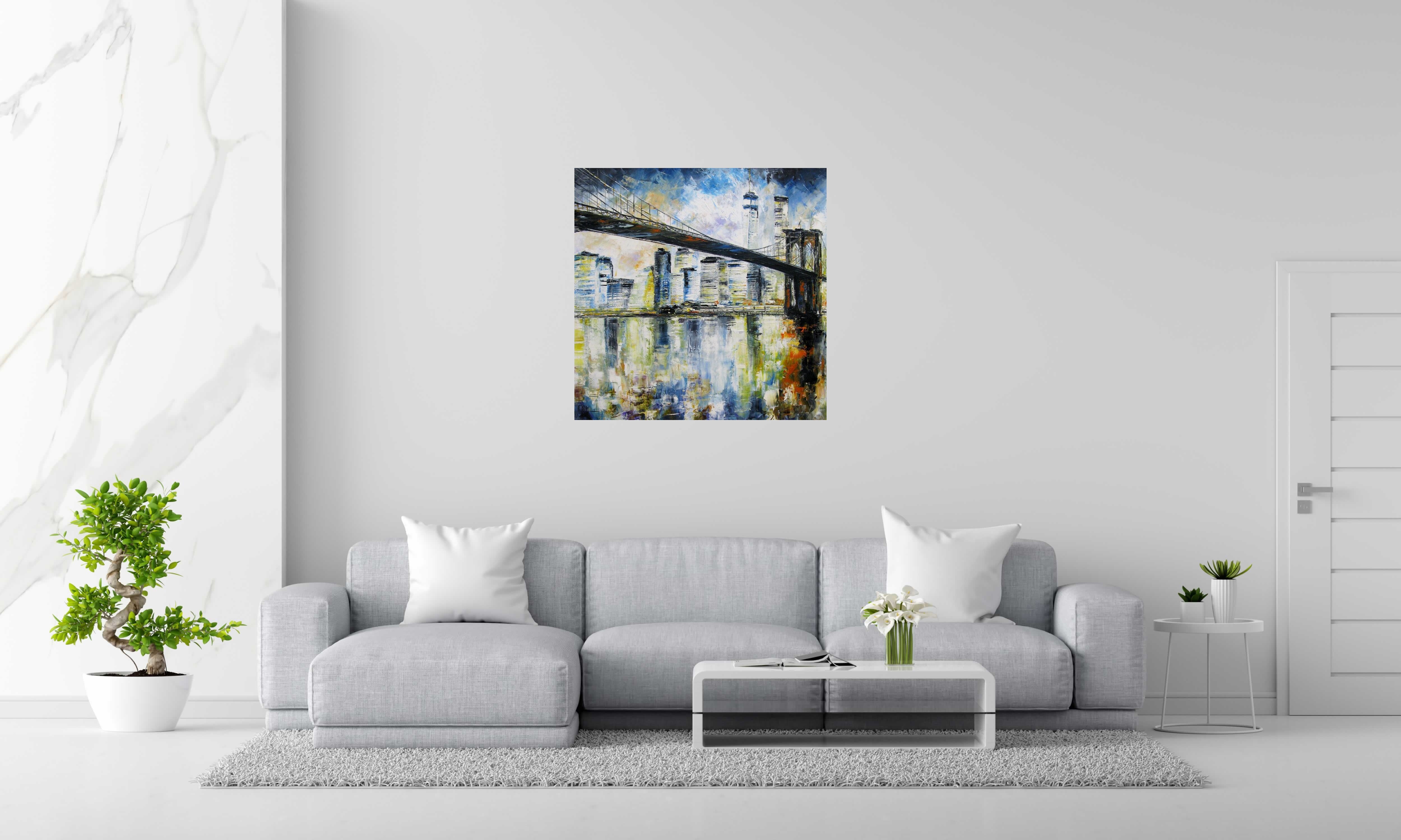Toile Brooklyn bridge de PHIL dans un intérieur – 90 × 90 cm