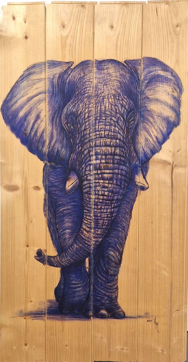 Toile figurative moyen format bleu Eléphant – ART HM – 45 × 86 cm