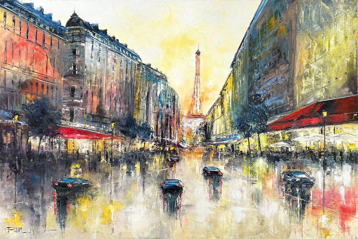 Toile figurative moyen format bleu et jaune Rue ste dominique, Paris – PHIL – 90 × 60 cm