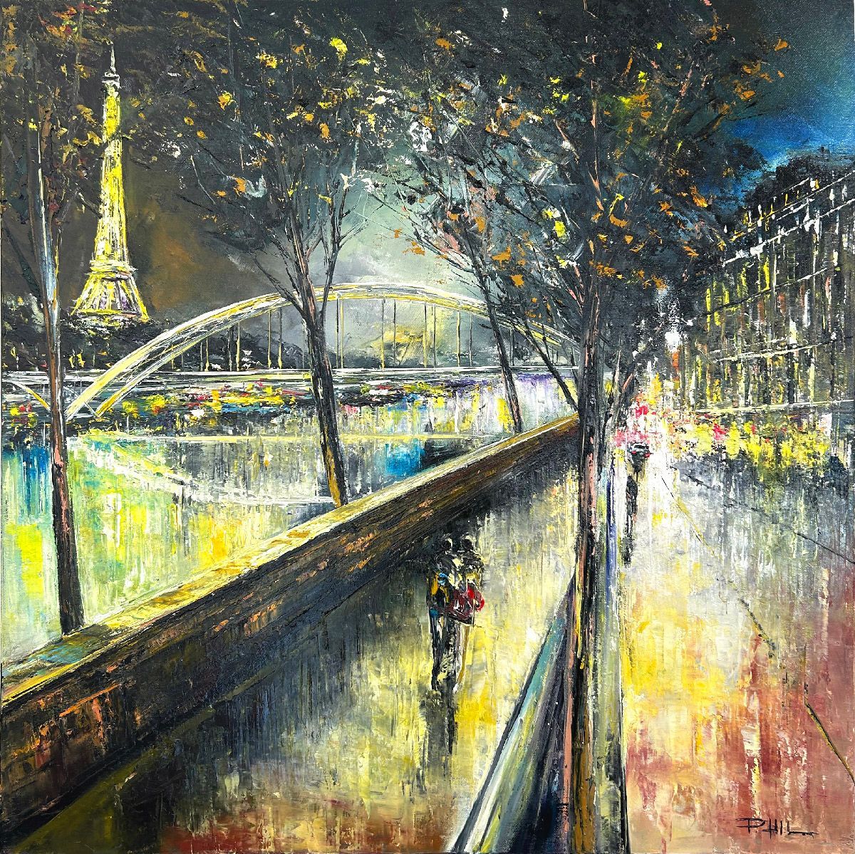 Toile figurative moyen format bleu et jaune Vue passerelle de Billy – PHIL – 60 × 60 cm