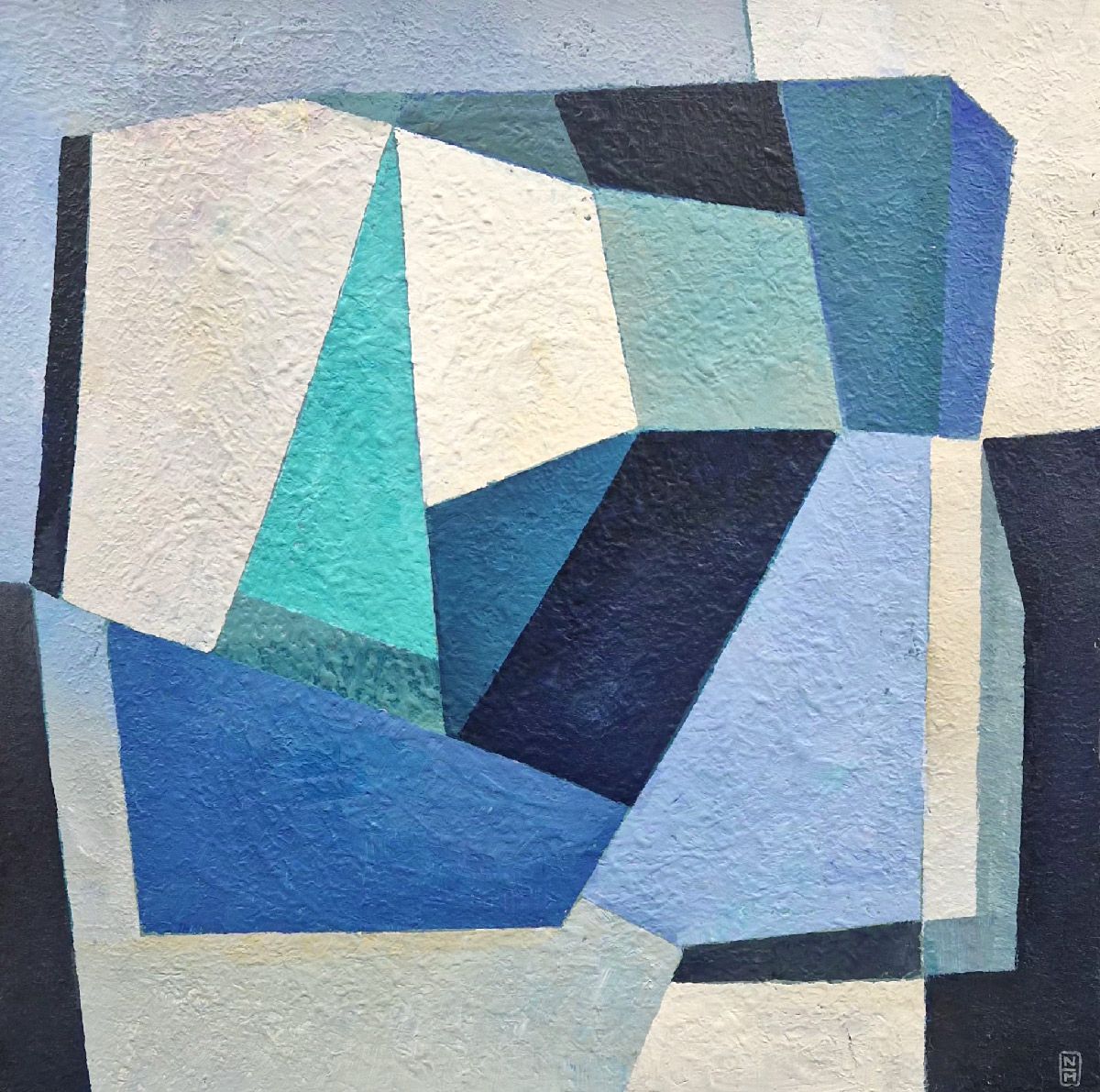 Toile figurative moyen format bleu 1987 – N MAFFRE – 70 × 70 cm