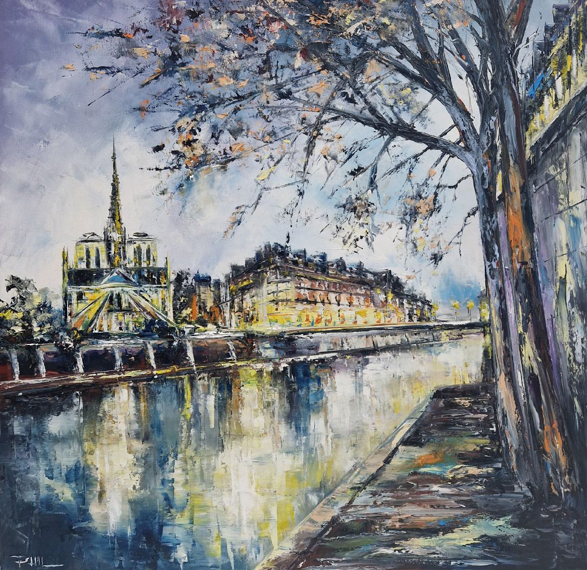 Toile figurative moyen format bleu Notre-Dame, Paris – PHIL – 60 × 60 cm