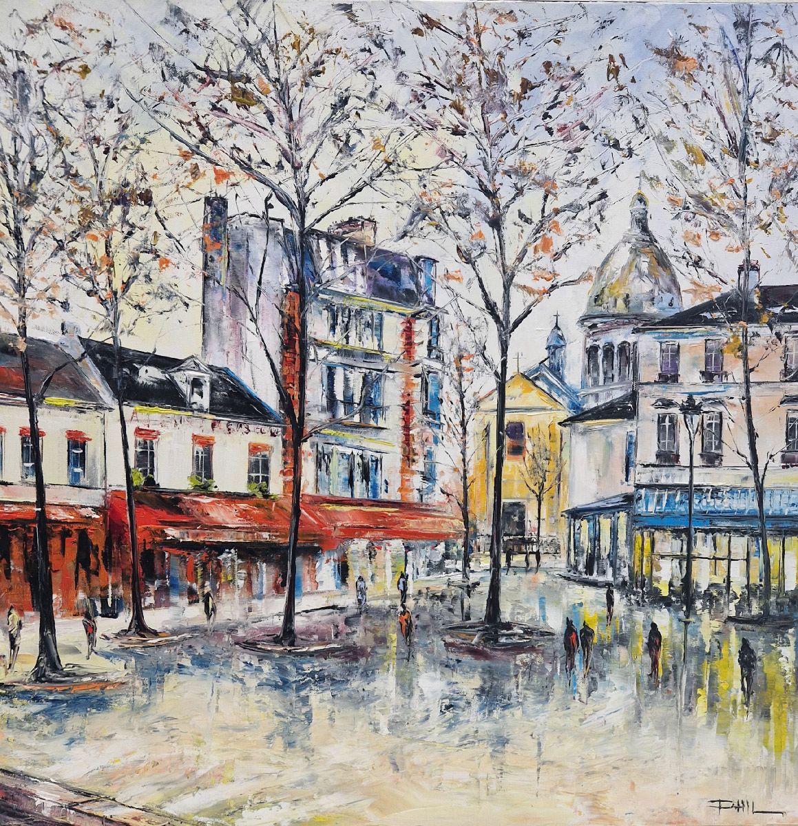 Toile figurative moyen format bleu Place du Tertre, Paris – PHIL – 60 × 60 cm