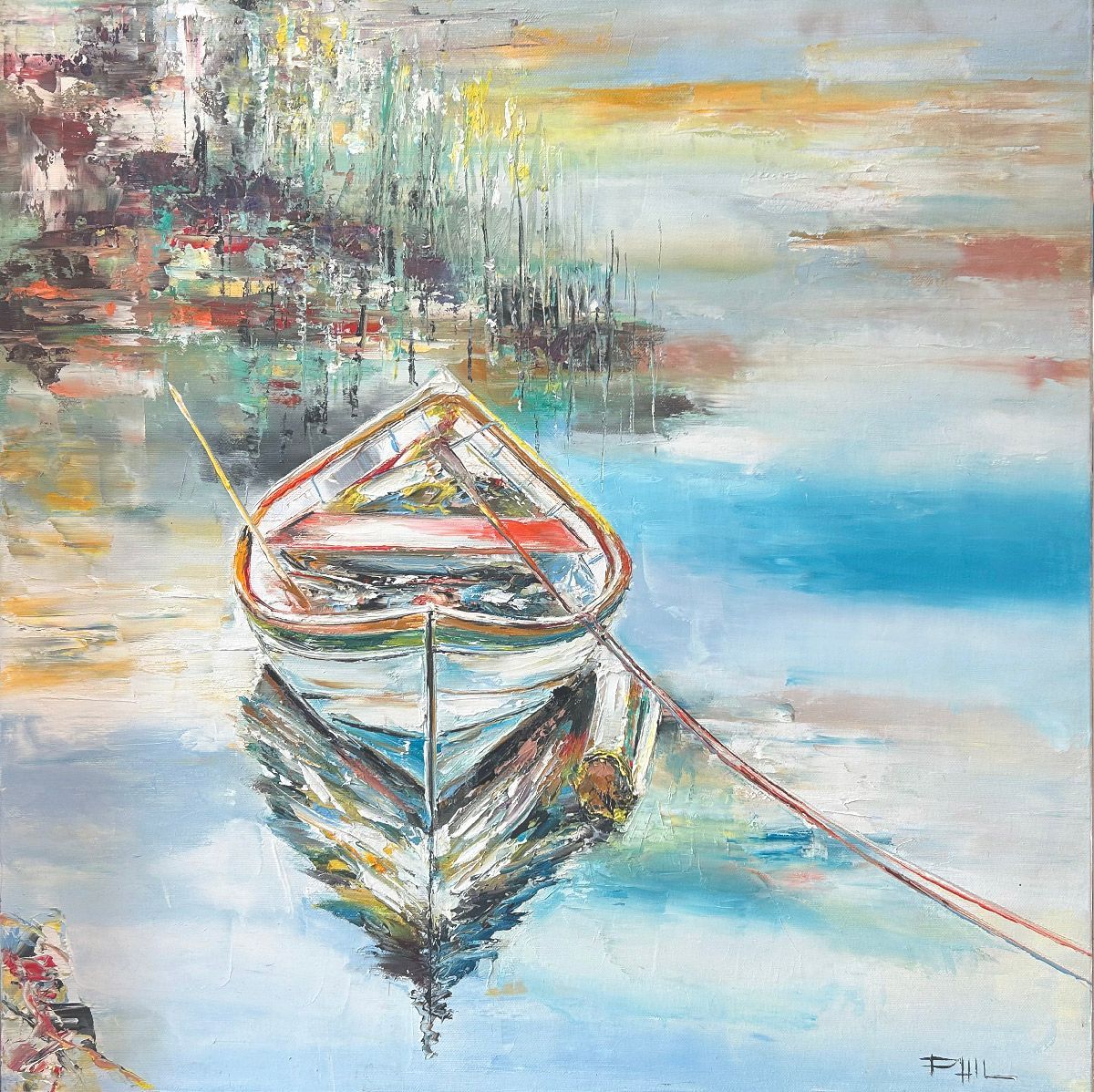 Toile figurative moyen format jaune et rouge L'étang – PHIL – 60 × 60 cm