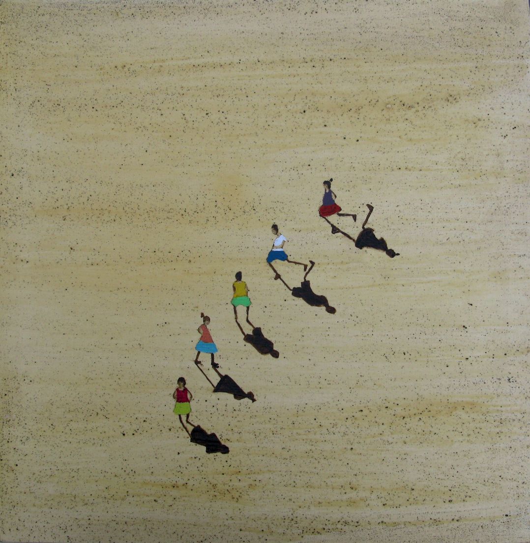 Toile figurative moyen format Boys and girls in line - Barcelona 2024 – MARCOS ZRIHEN NOWOTNY – 50 × 50 cm