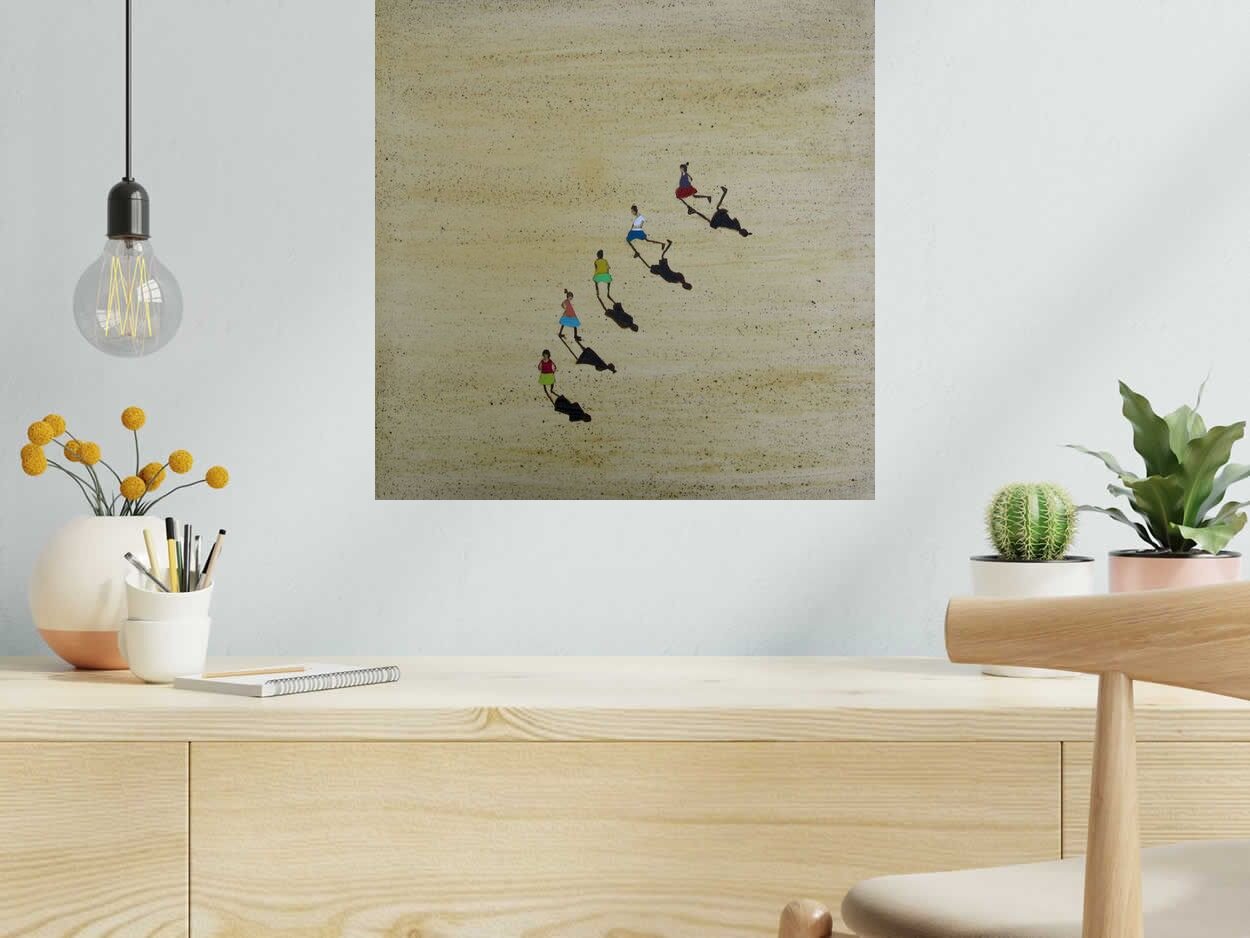 Toile Boys and girls in line - Barcelona 2024 de MARCOS ZRIHEN NOWOTNY dans un intérieur – 50 × 50 cm