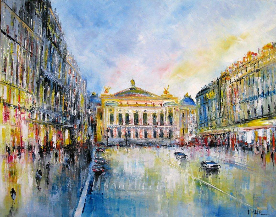 Toile figurative moyen format mauve Avenue de l'opéra – PHIL – 73 × 60 cm