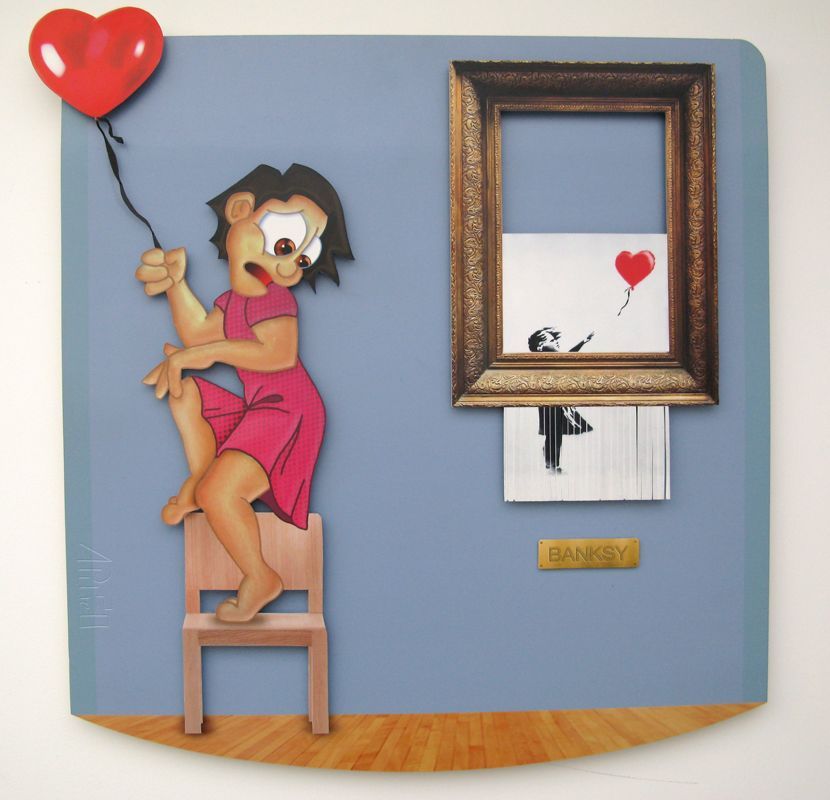 Toile figurative moyen format violet Pitre Vs Banksy – L'ARTISTE PITRE – 72 × 67 cm