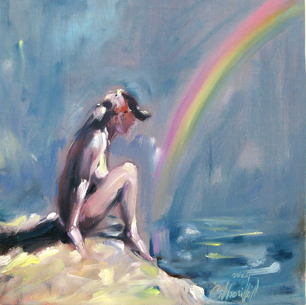 Toile figurative petit format beige Arc-en-ciel – OLENA SINIUHINA – 40 × 40 cm