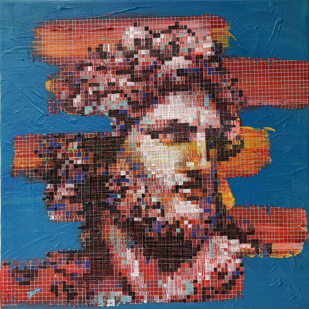 Toile figurative petit format bleu et orange Série réappropriation humaine : grec #2 – NICOLAS JESBAC – 20 × 20 cm