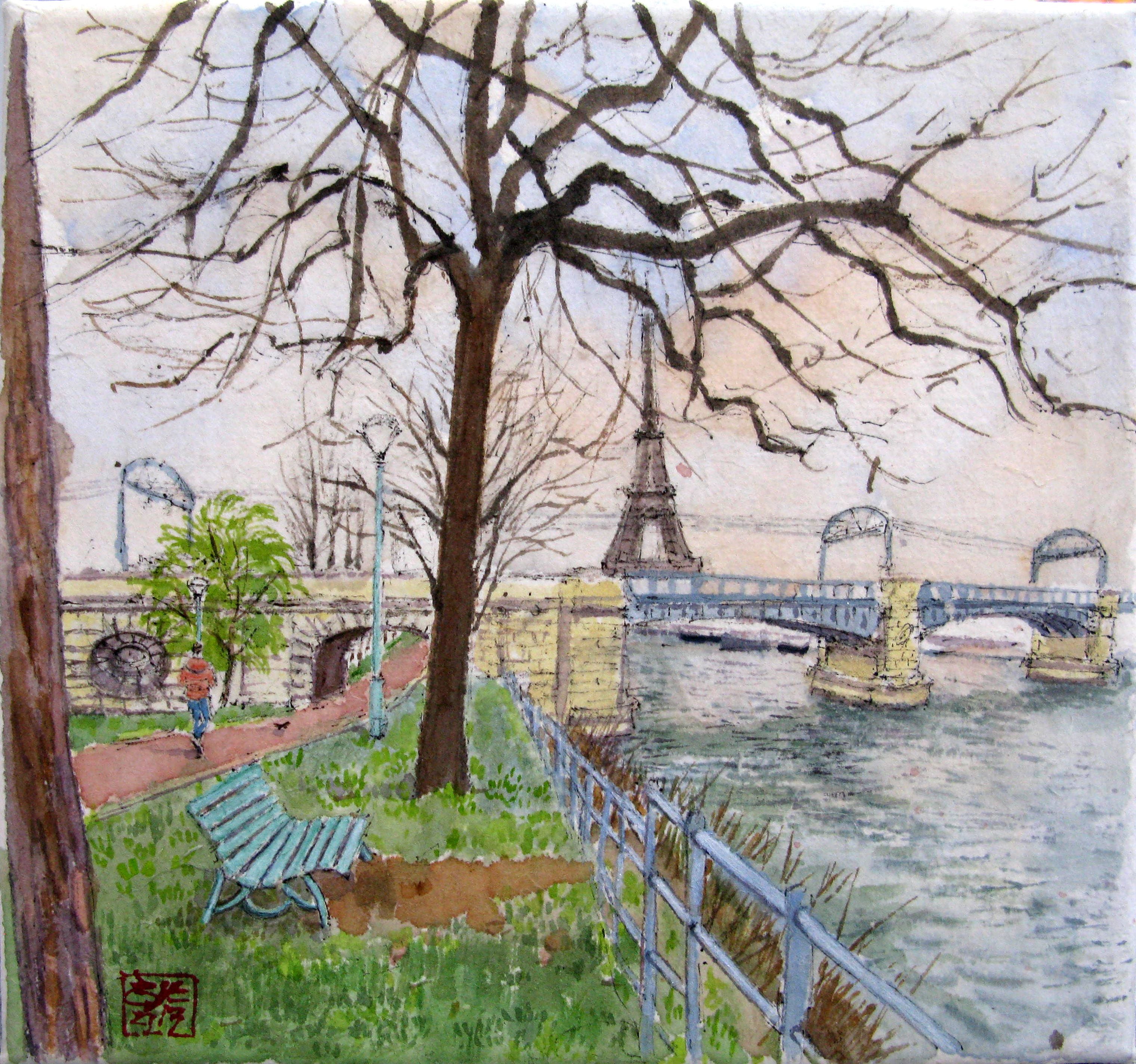 Toile figurative petit format Promenade bord de Seine – JEONG MIN LEE – 20 × 20 cm