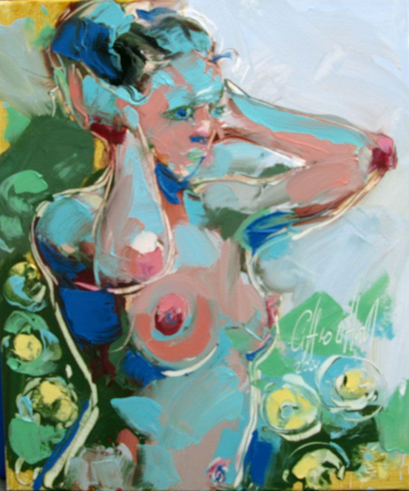 Toile figurative petit format vert Des rosiers – OLENA SINIUHINA – 38 × 46 cm