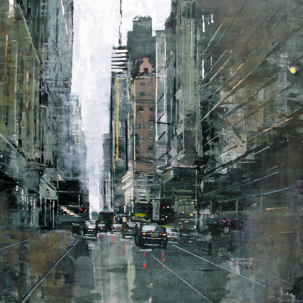 Toile figurative très grand format gris et noir MANHATTAN'S AUTUMN – ADRIEN FAVEAU – 120 × 120 cm