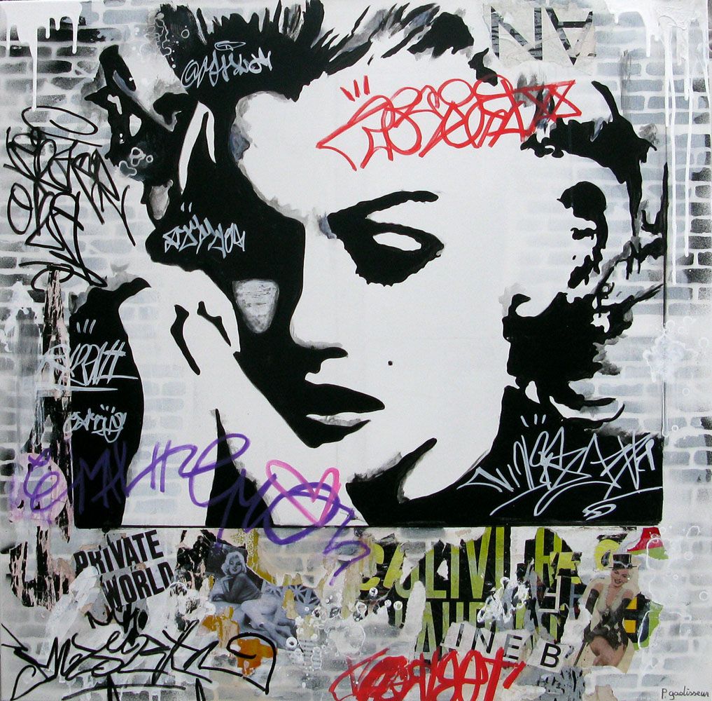 Toile graffiti grand format Private world – PATRICIA GADISSEUR – 100 × 100 cm