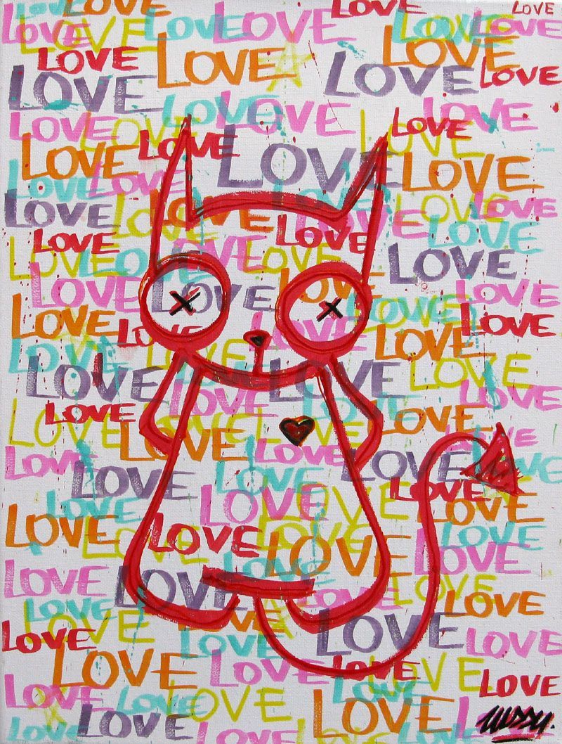 Toile graffiti petit format cat love blanc – LUSSY – 30 × 40 cm