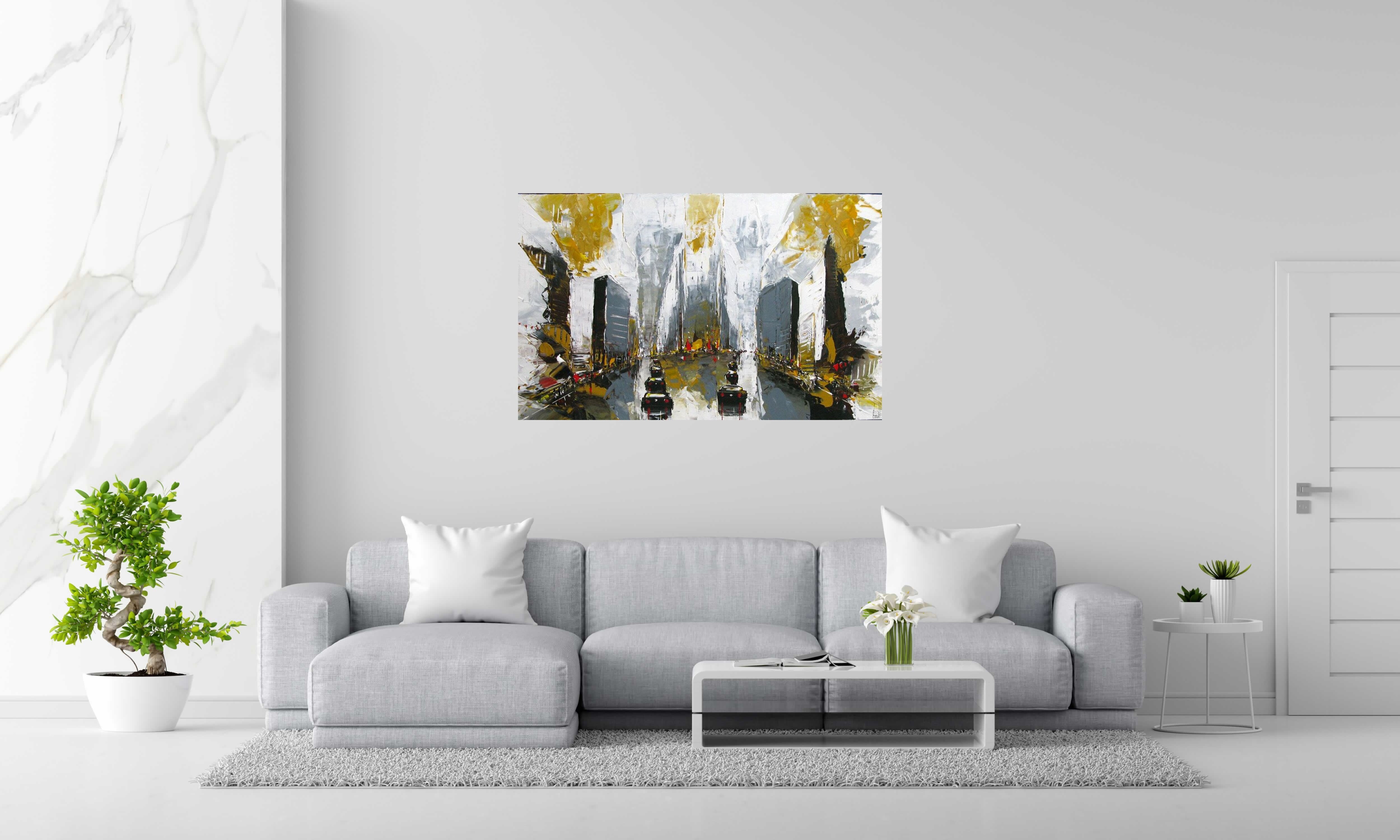 Toile PAYSAGE URBAIN de F. BOUTET dans un intérieur – 81 × 130 cm