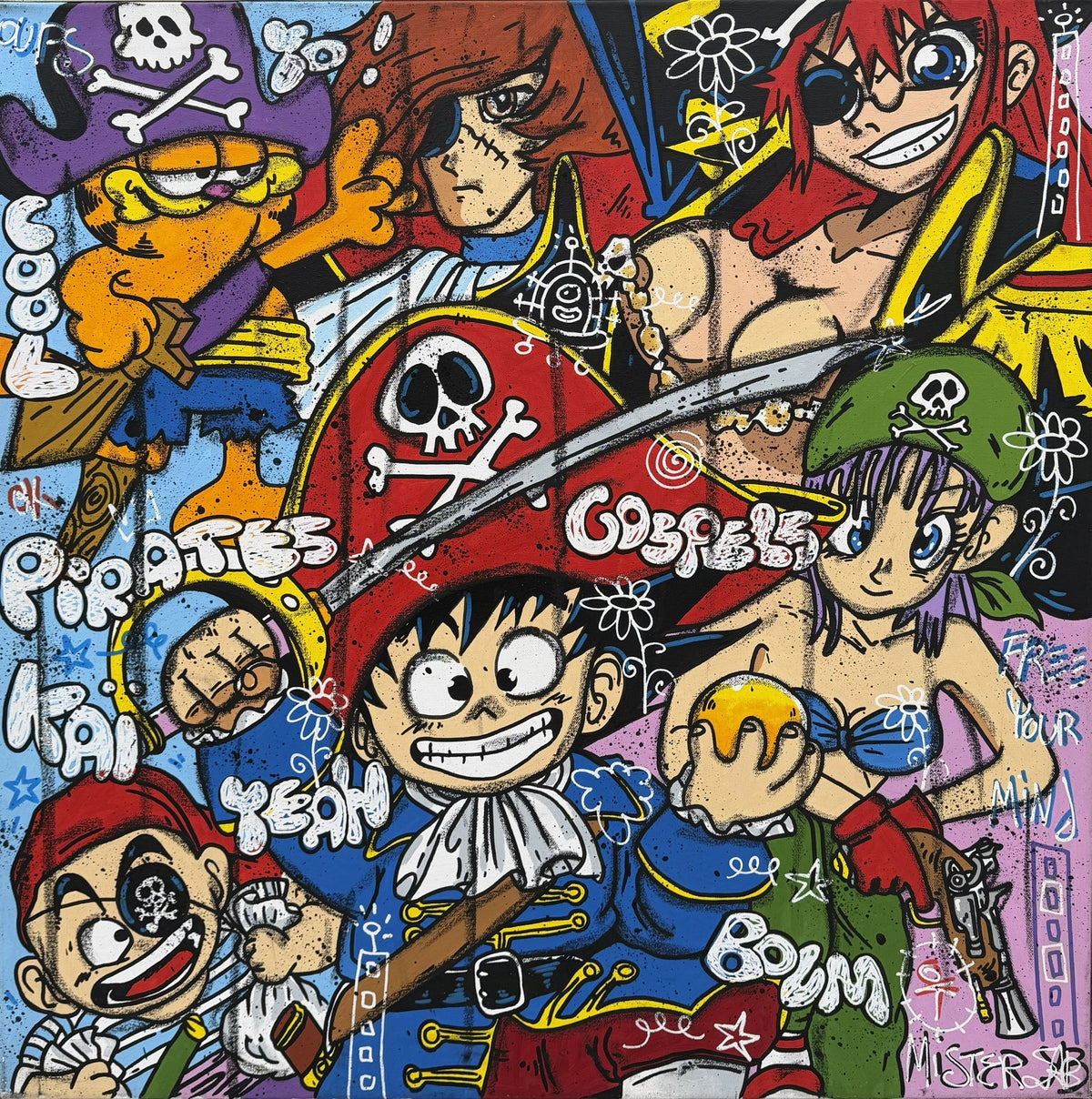 Toile de Rico Sab, The Pirates Gospels, technique mixte, 80 x 80 cm, street art multicolore