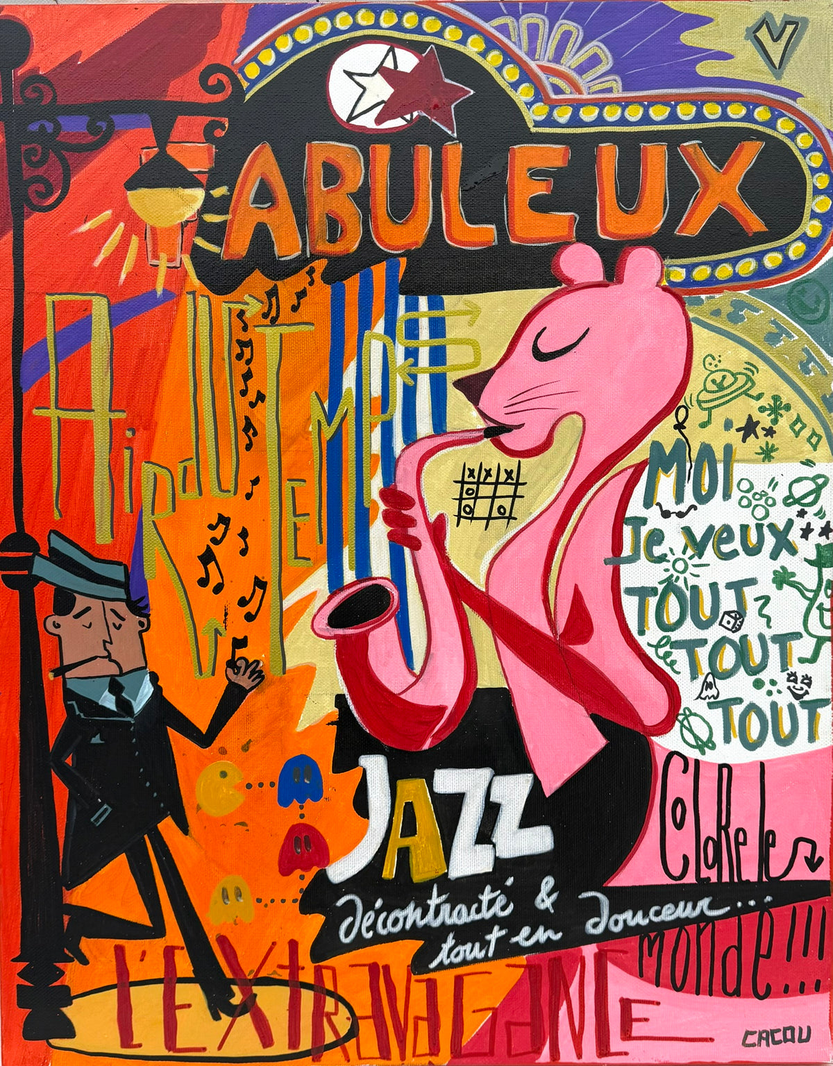 Toile de Cacou, technique mixte acrylique collage et posca, petit format coloré pop art