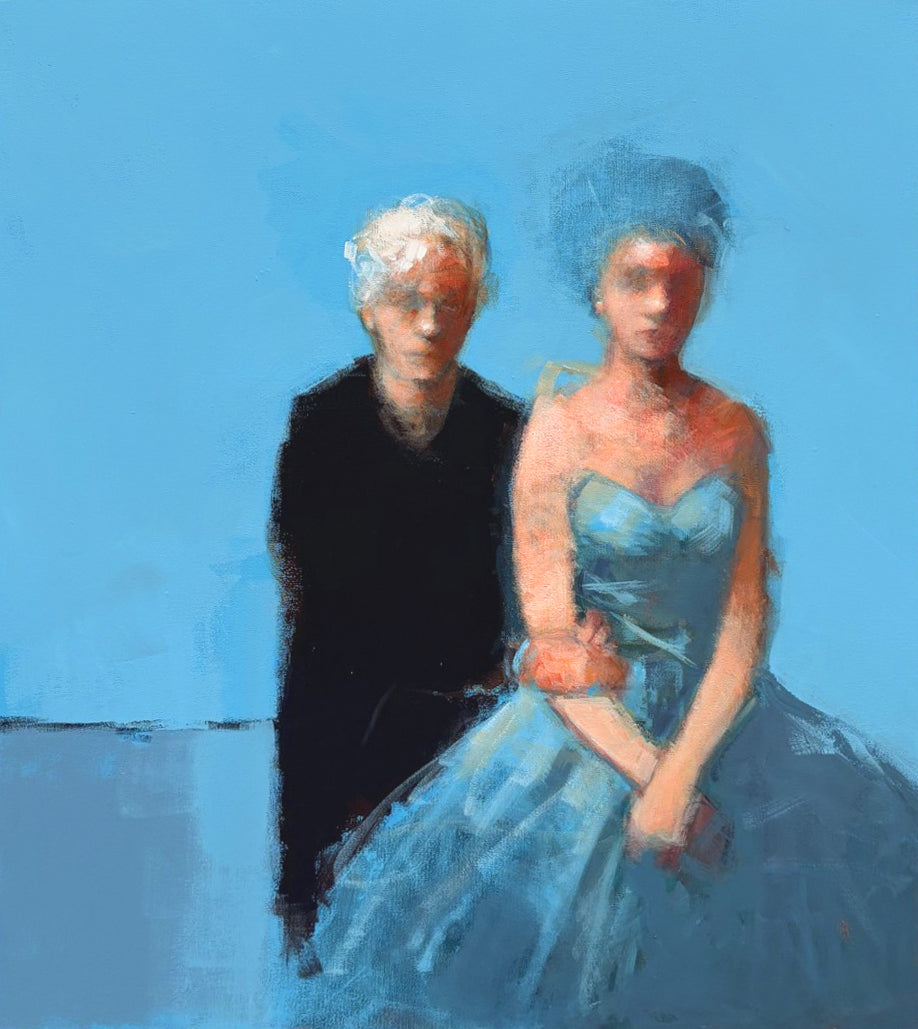 Toile acrylique d'Olivier Massebeuf, portrait figuratif aux tonalités bleues, 50 x 61 cm