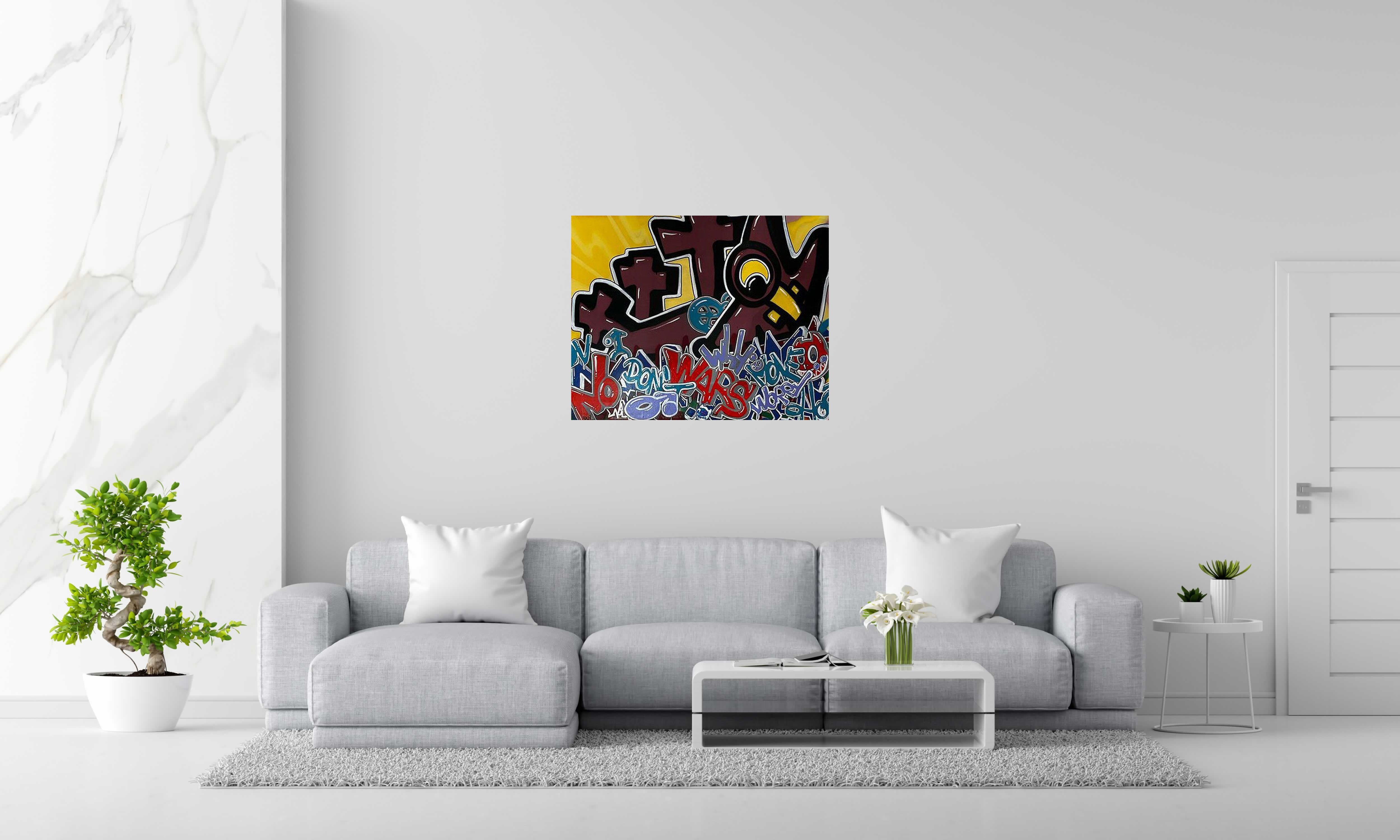 Toile NO WAR de GUTI dans un intérieur – 73 × 92 cm
