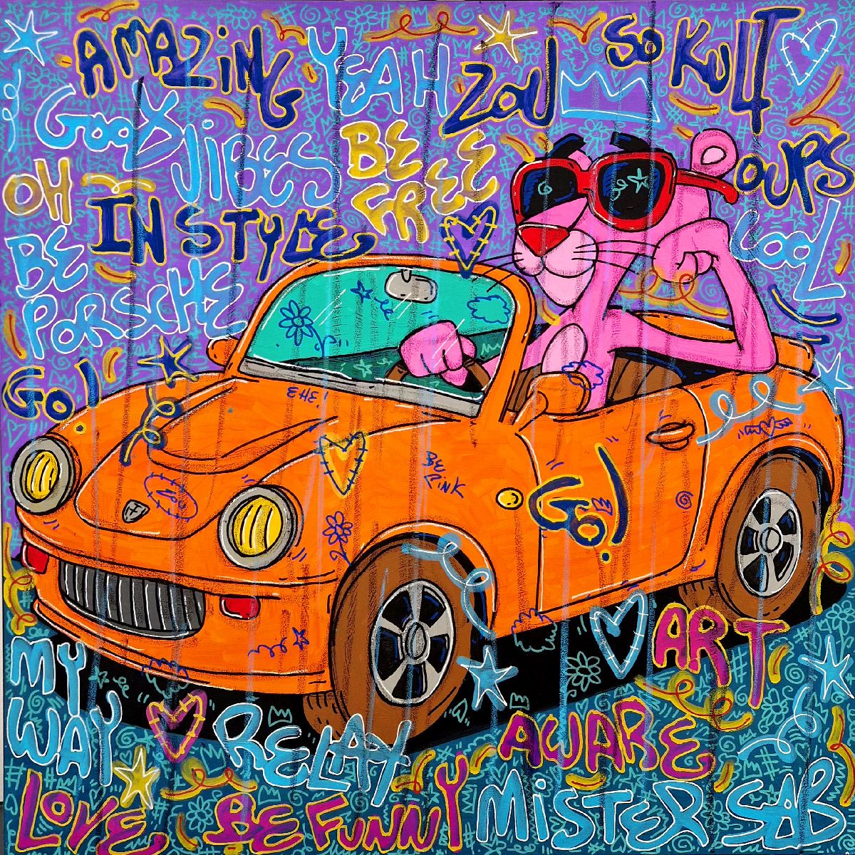 Toile street art format xxl orange et rose So kult Pink Panthere – RICO SAB – 100 × 100 cm