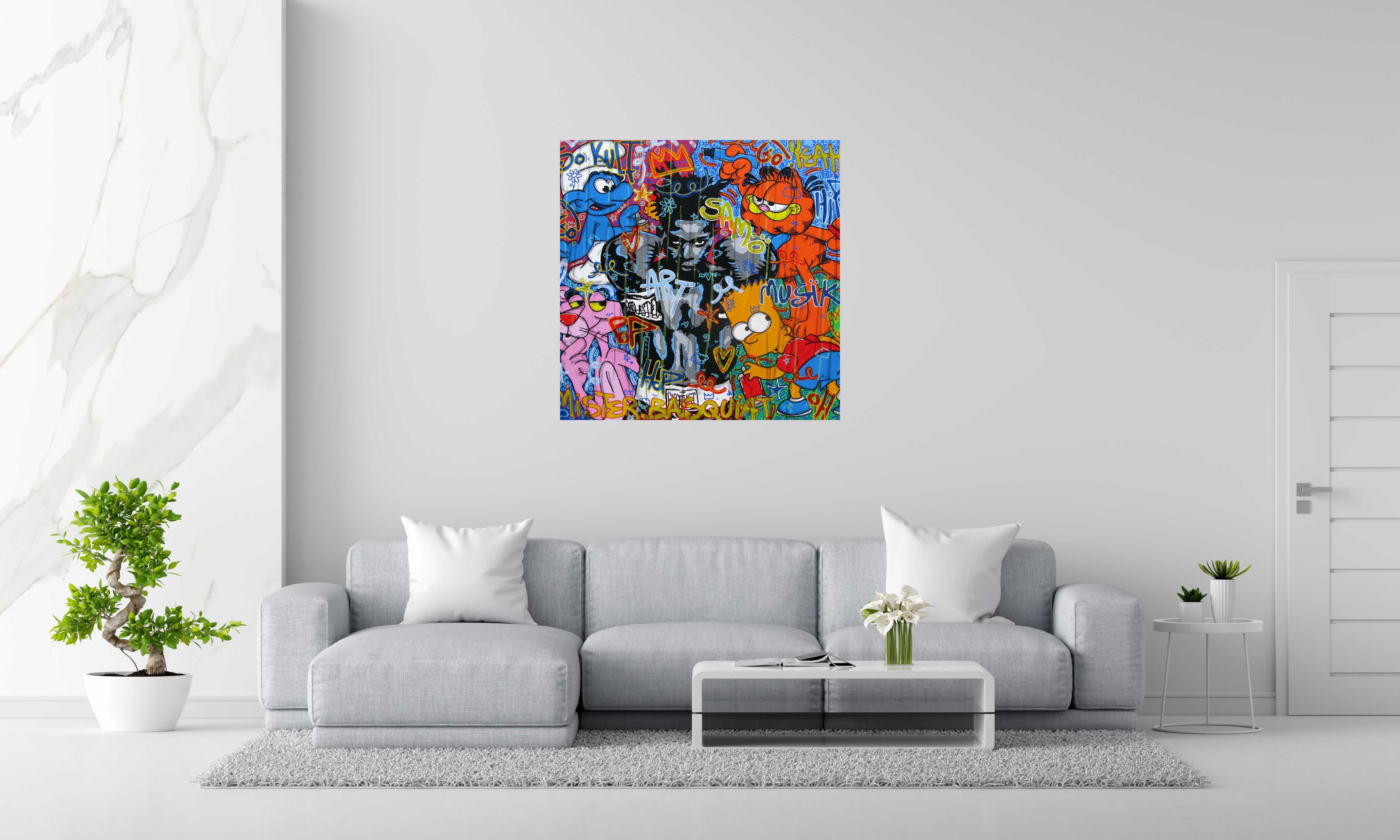 Toile Hey Sam de RICO SAB dans un intérieur – 100 × 100 cm