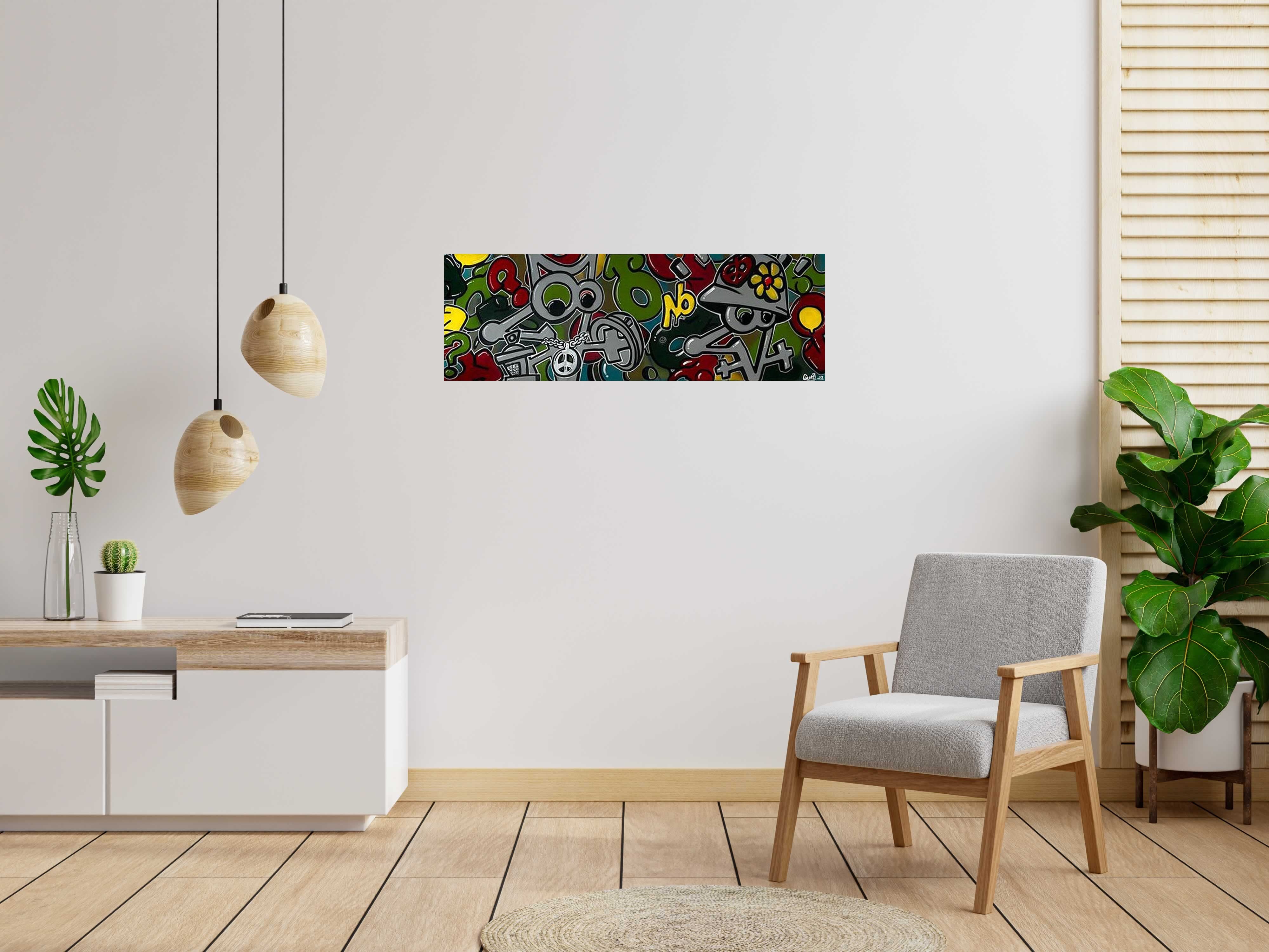 Toile ANIMAUX FRAGILES de GUTI dans un intérieur – 40 × 120 cm