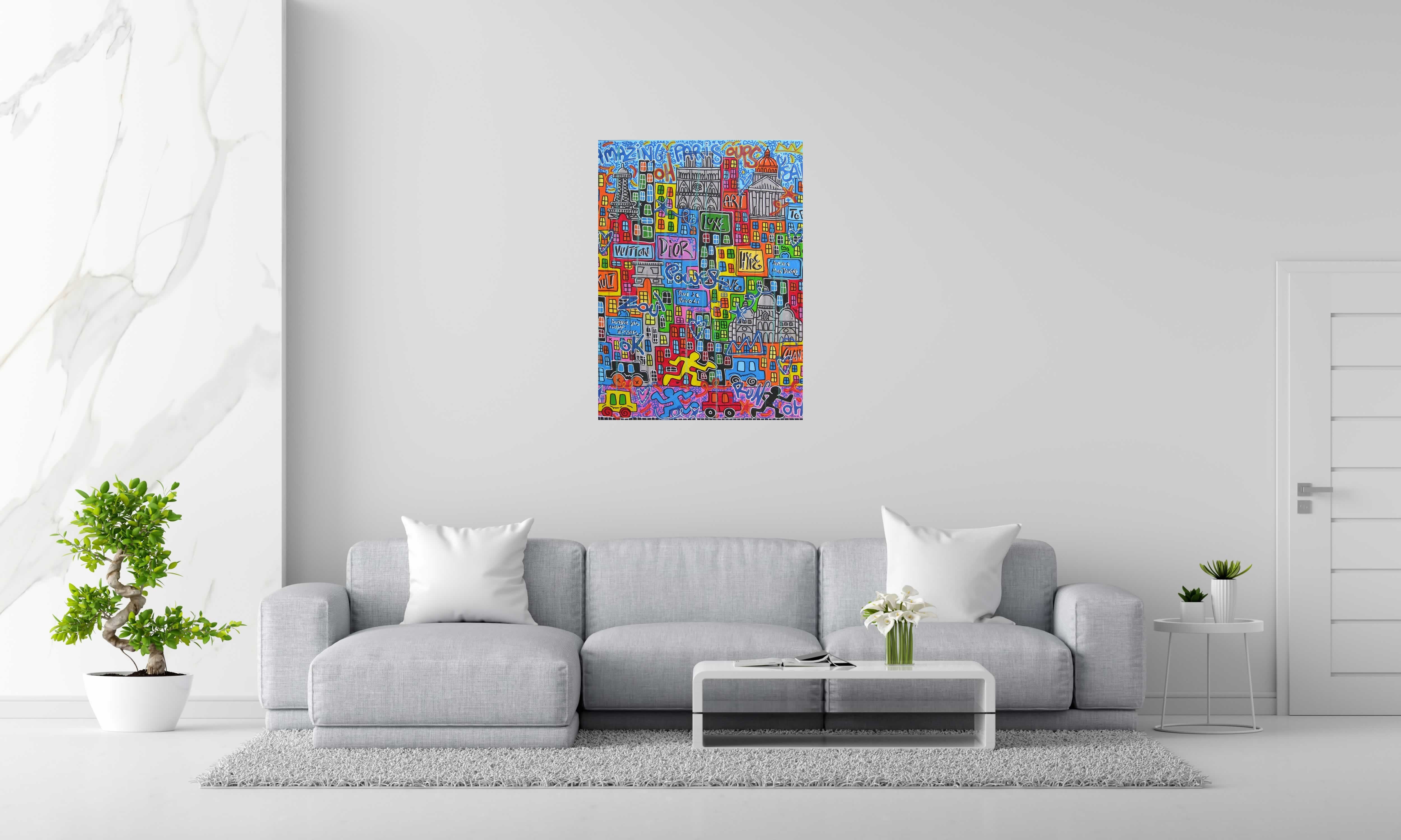 Toile Amazing Paris Yeah de RICO SAB dans un intérieur – 73 × 100 cm